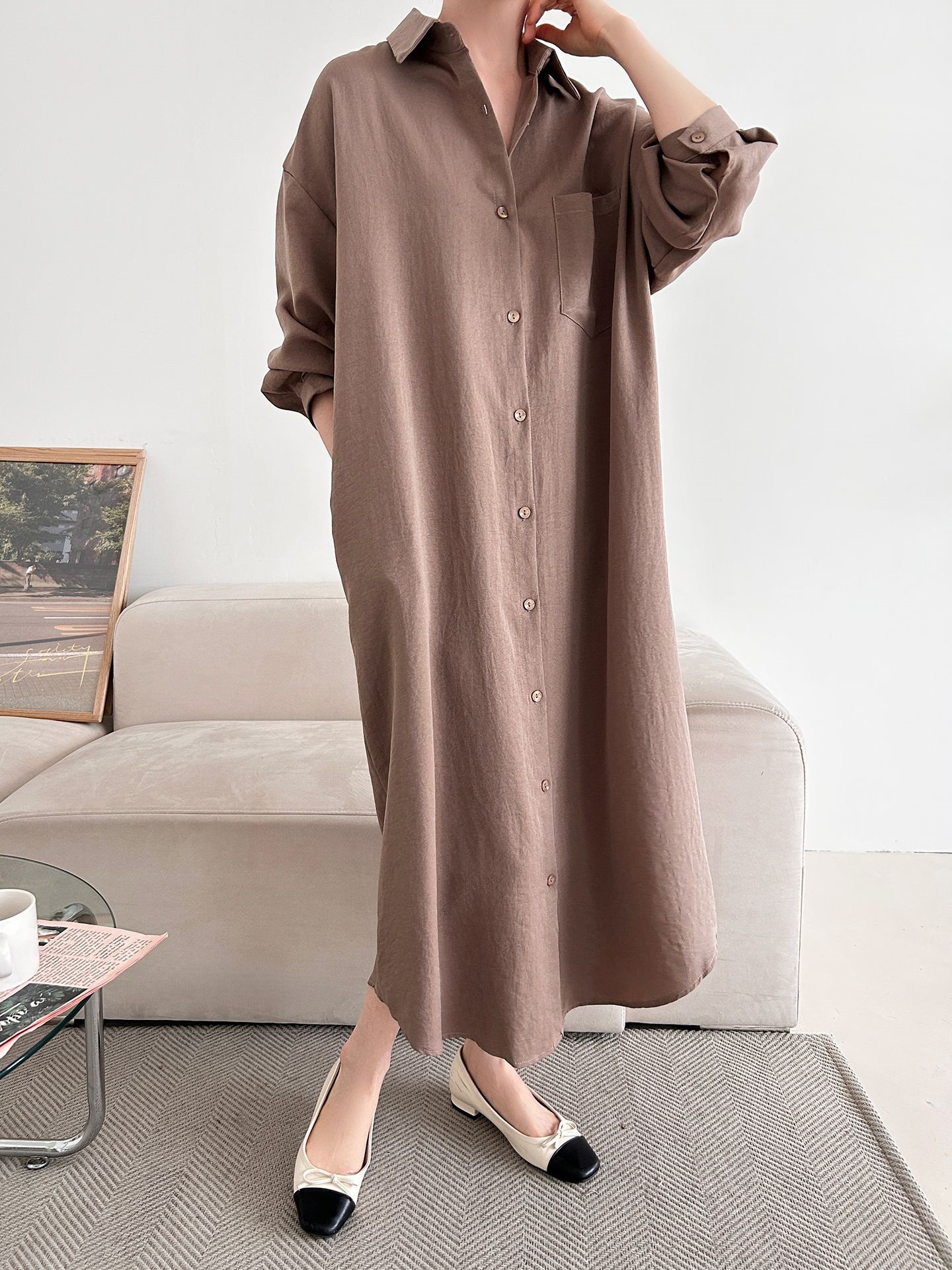 ボタンカラーオーバーサイズルーズ長袖ワンポケットドロップショルダー無地シャツワンピース | 詳細画像9