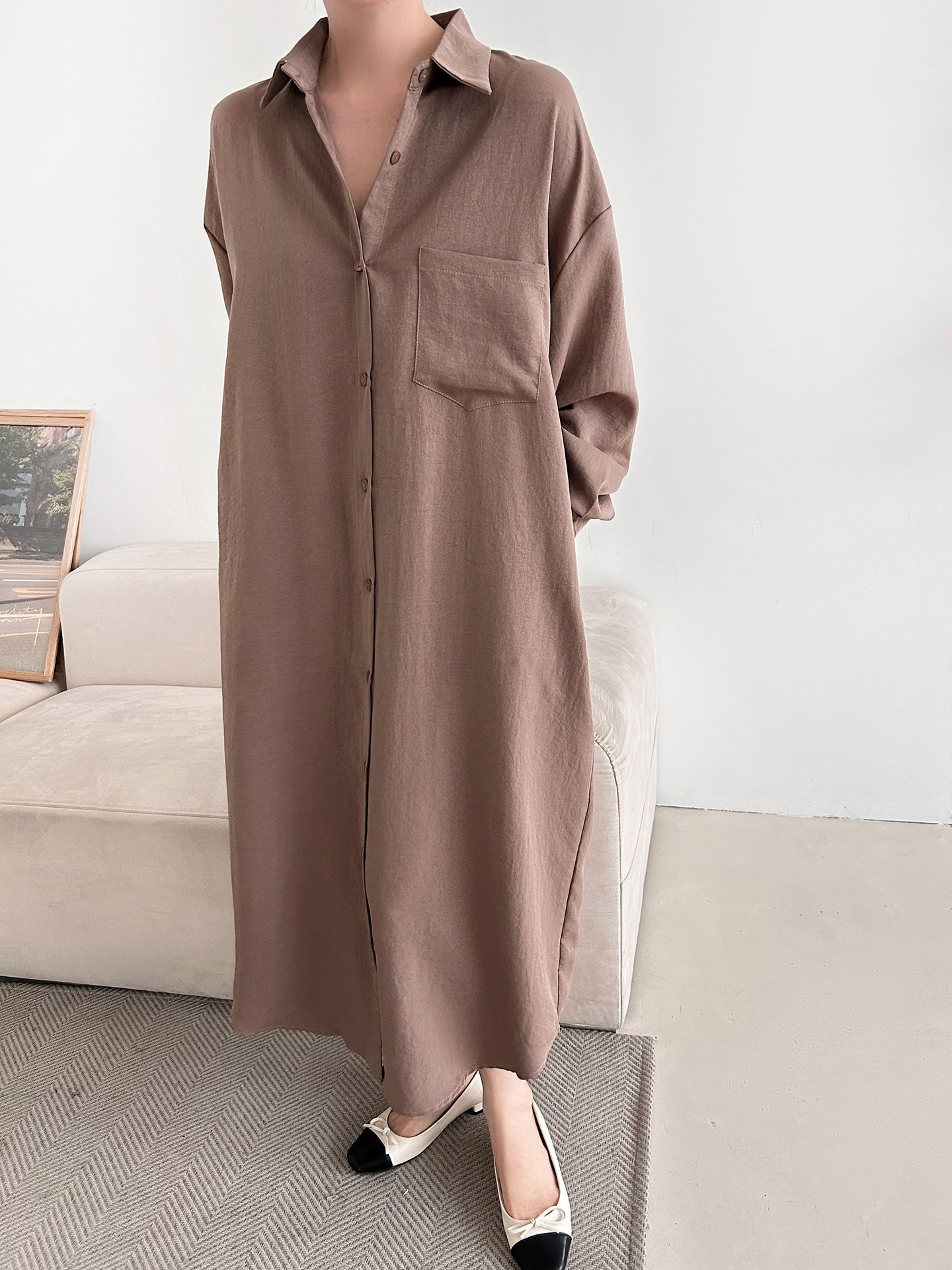 ボタンカラーオーバーサイズルーズ長袖ワンポケットドロップショルダー無地シャツワンピース | 詳細画像11