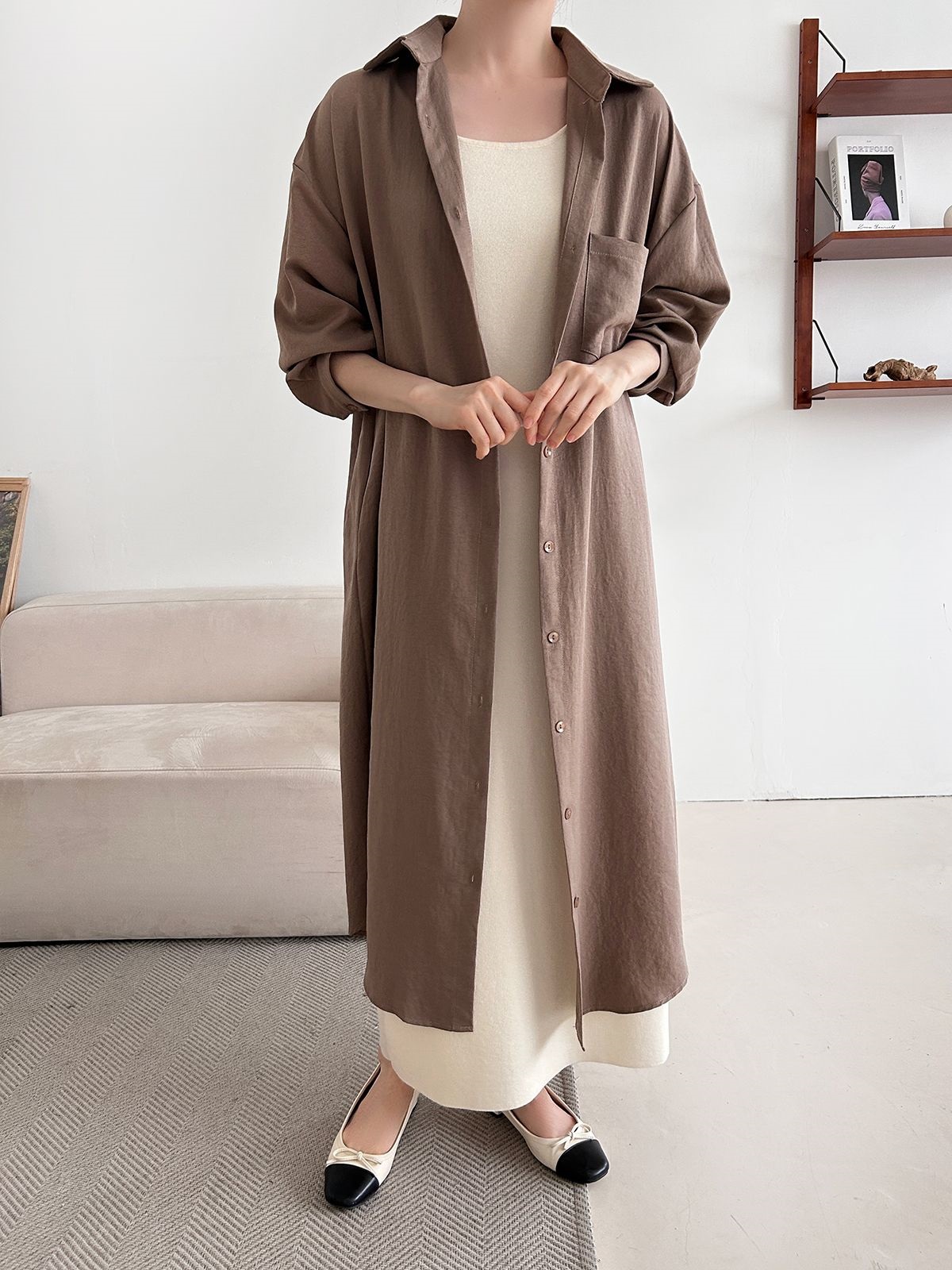 ボタンカラーオーバーサイズルーズ長袖ワンポケットドロップショルダー無地シャツワンピース | 詳細画像12