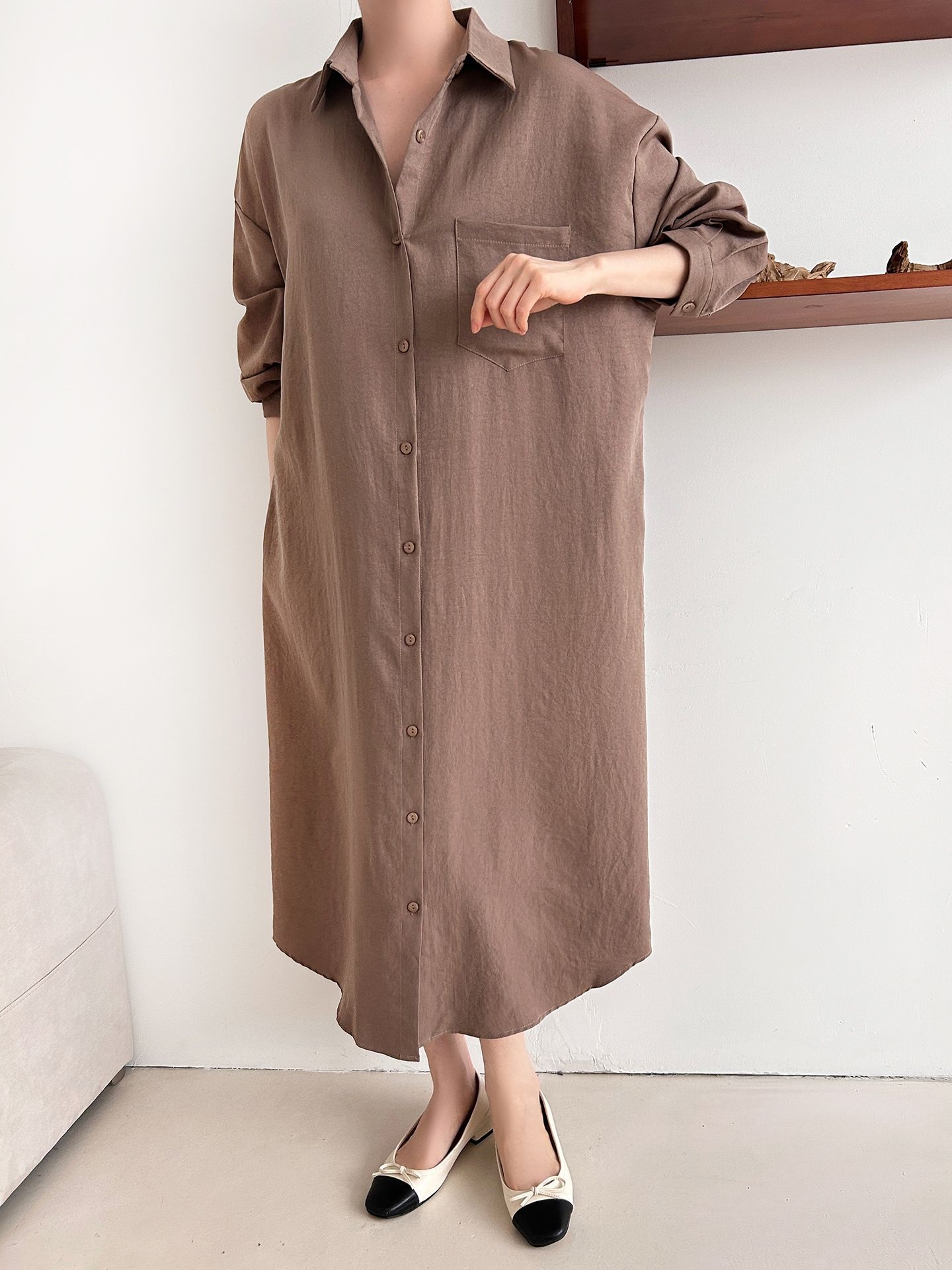ボタンカラーオーバーサイズルーズ長袖ワンポケットドロップショルダー無地シャツワンピース | 詳細画像13