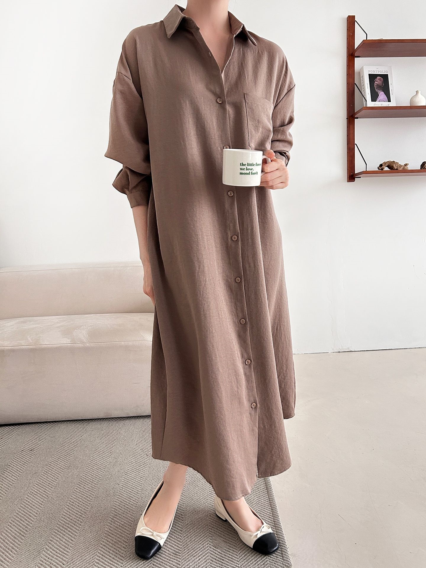 ボタンカラーオーバーサイズルーズ長袖ワンポケットドロップショルダー無地シャツワンピース | 詳細画像14