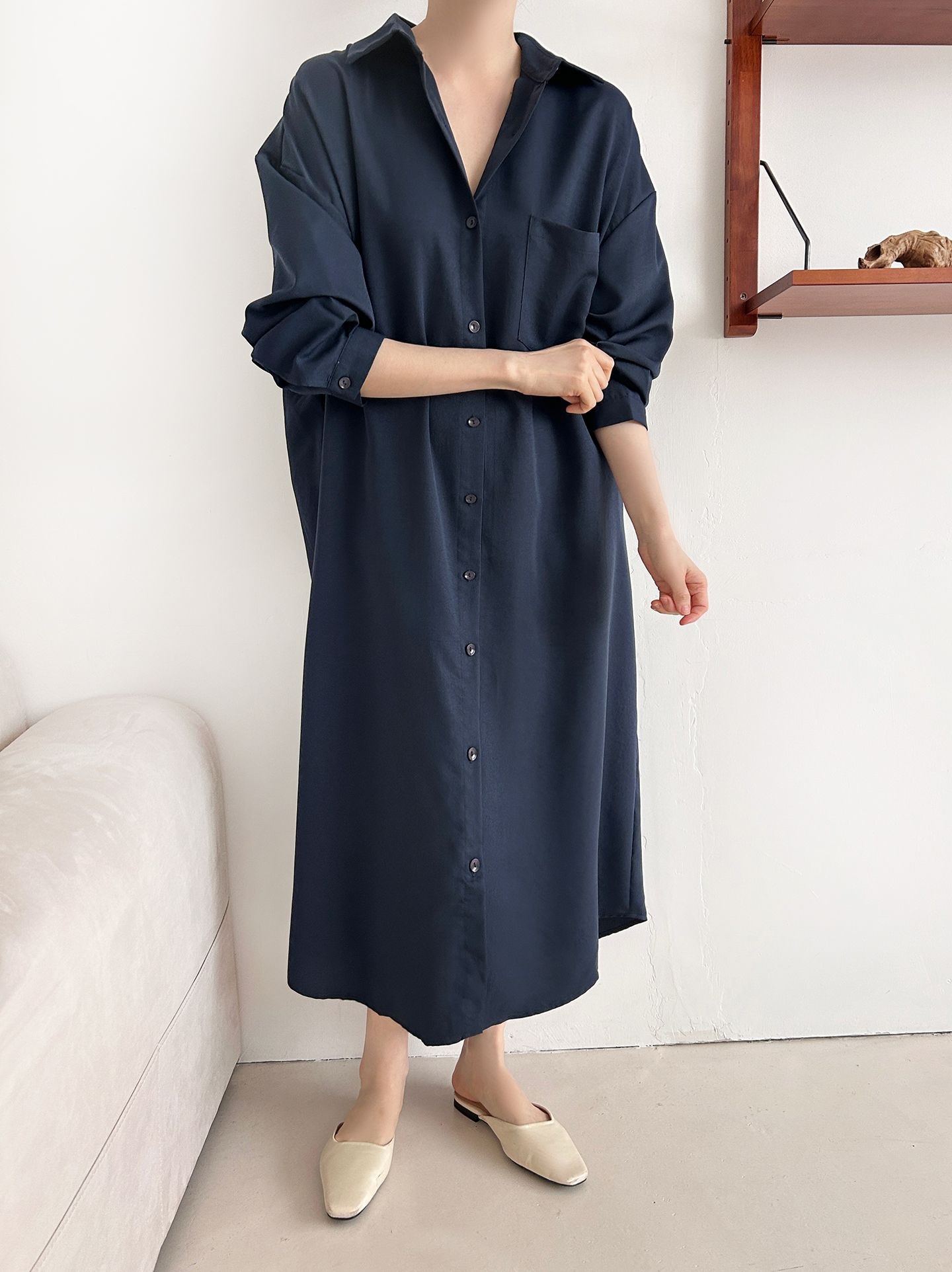 ボタンカラーオーバーサイズルーズ長袖ワンポケットドロップショルダー無地シャツワンピース | 詳細画像17
