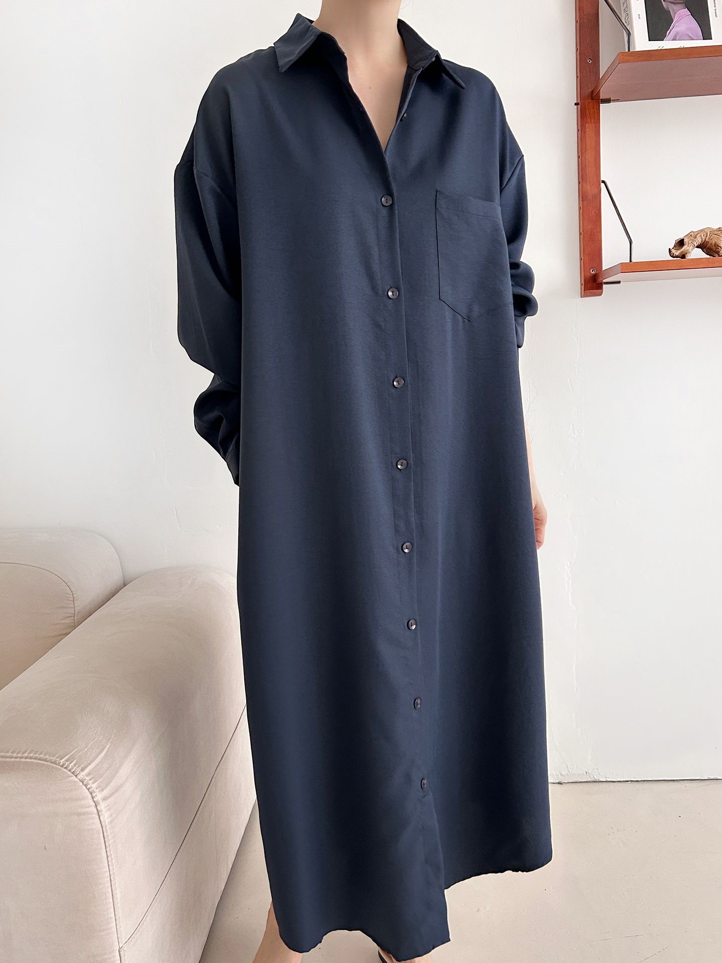 ボタンカラーオーバーサイズルーズ長袖ワンポケットドロップショルダー無地シャツワンピース | 詳細画像18
