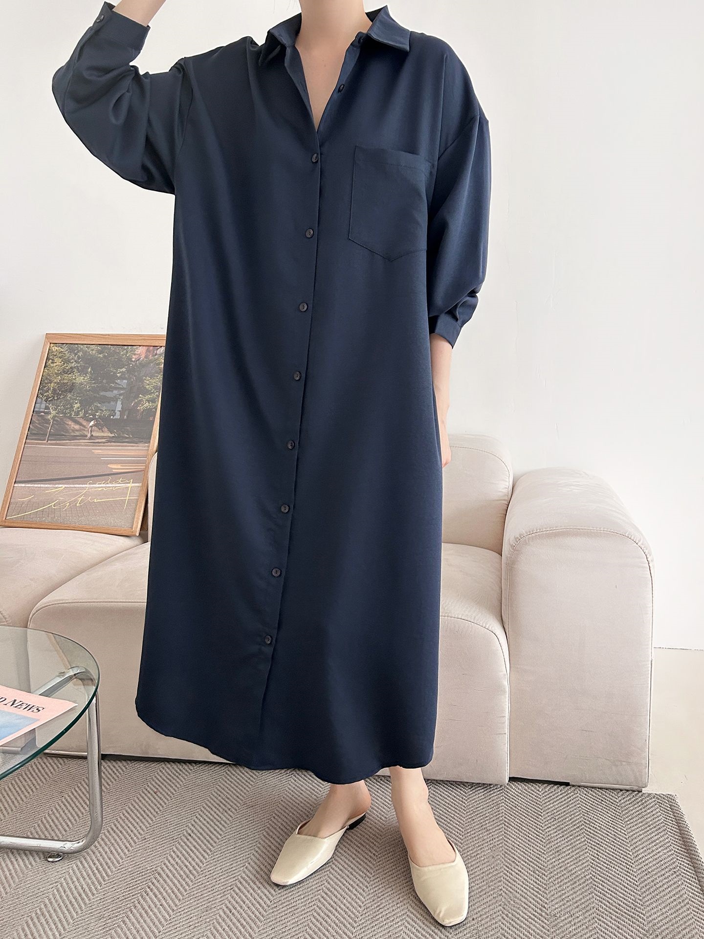 ボタンカラーオーバーサイズルーズ長袖ワンポケットドロップショルダー無地シャツワンピース | 詳細画像19