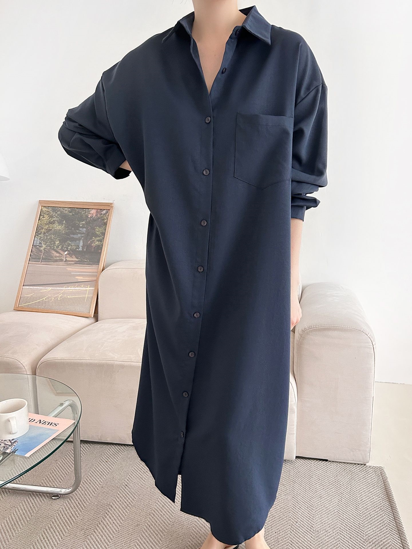 ボタンカラーオーバーサイズルーズ長袖ワンポケットドロップショルダー無地シャツワンピース | 詳細画像20
