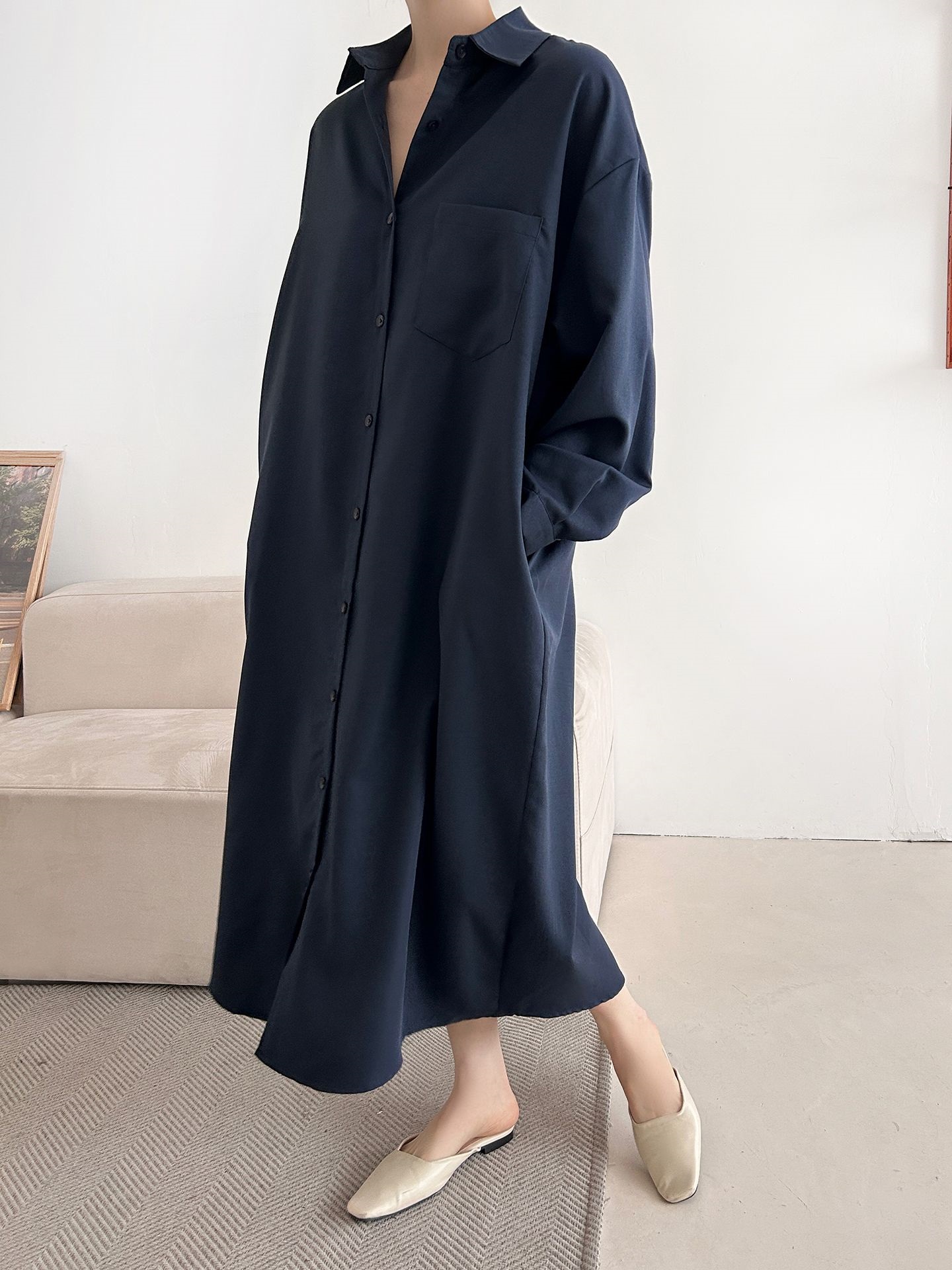 ボタンカラーオーバーサイズルーズ長袖ワンポケットドロップショルダー無地シャツワンピース | 詳細画像21