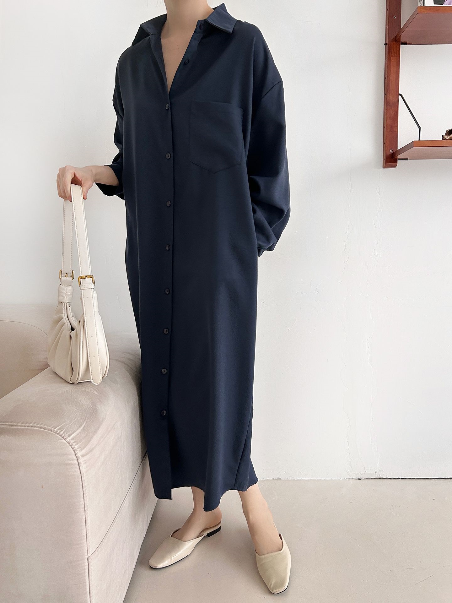 ボタンカラーオーバーサイズルーズ長袖ワンポケットドロップショルダー無地シャツワンピース | 詳細画像22