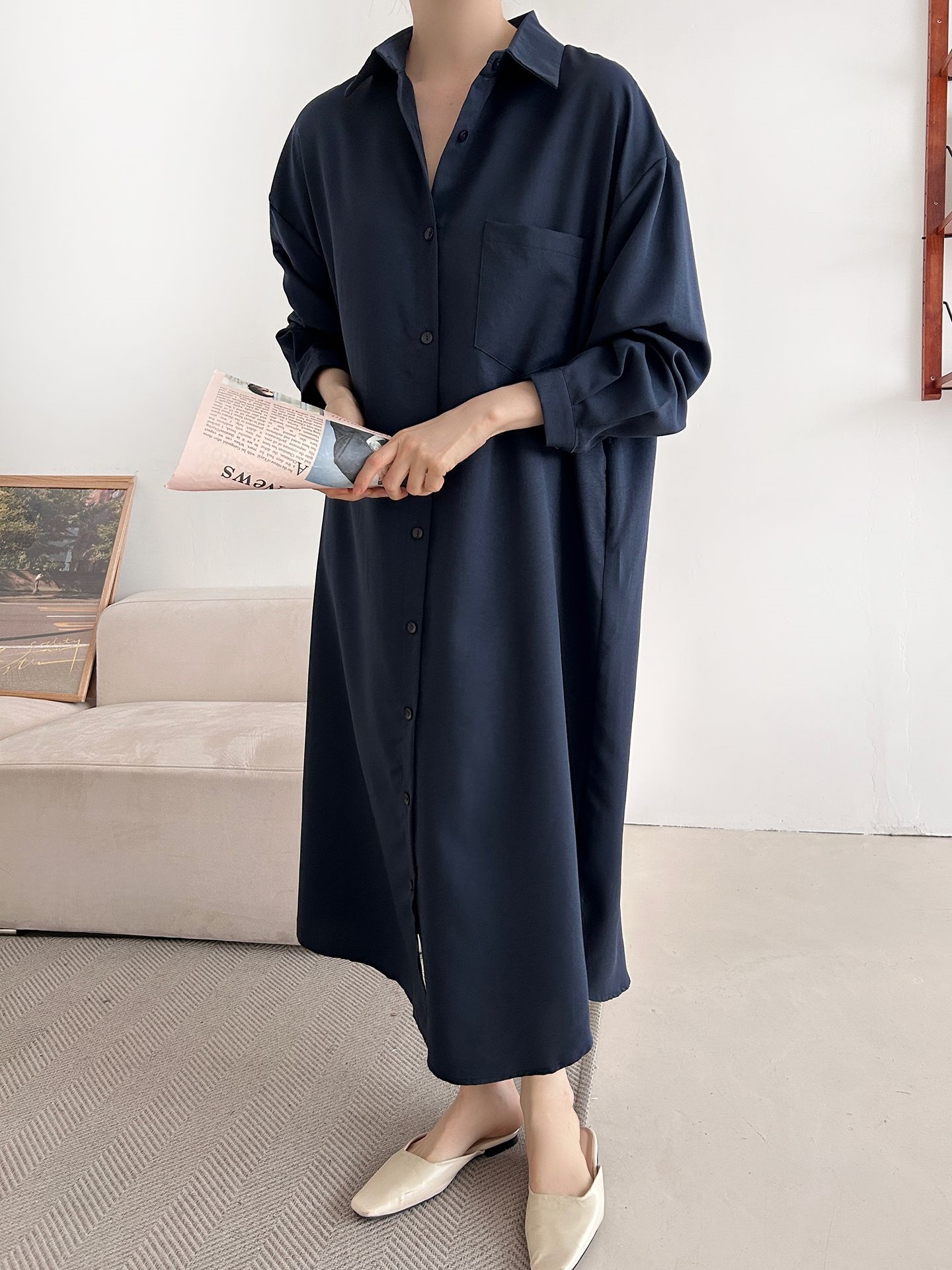 ボタンカラーオーバーサイズルーズ長袖ワンポケットドロップショルダー無地シャツワンピース | 詳細画像24