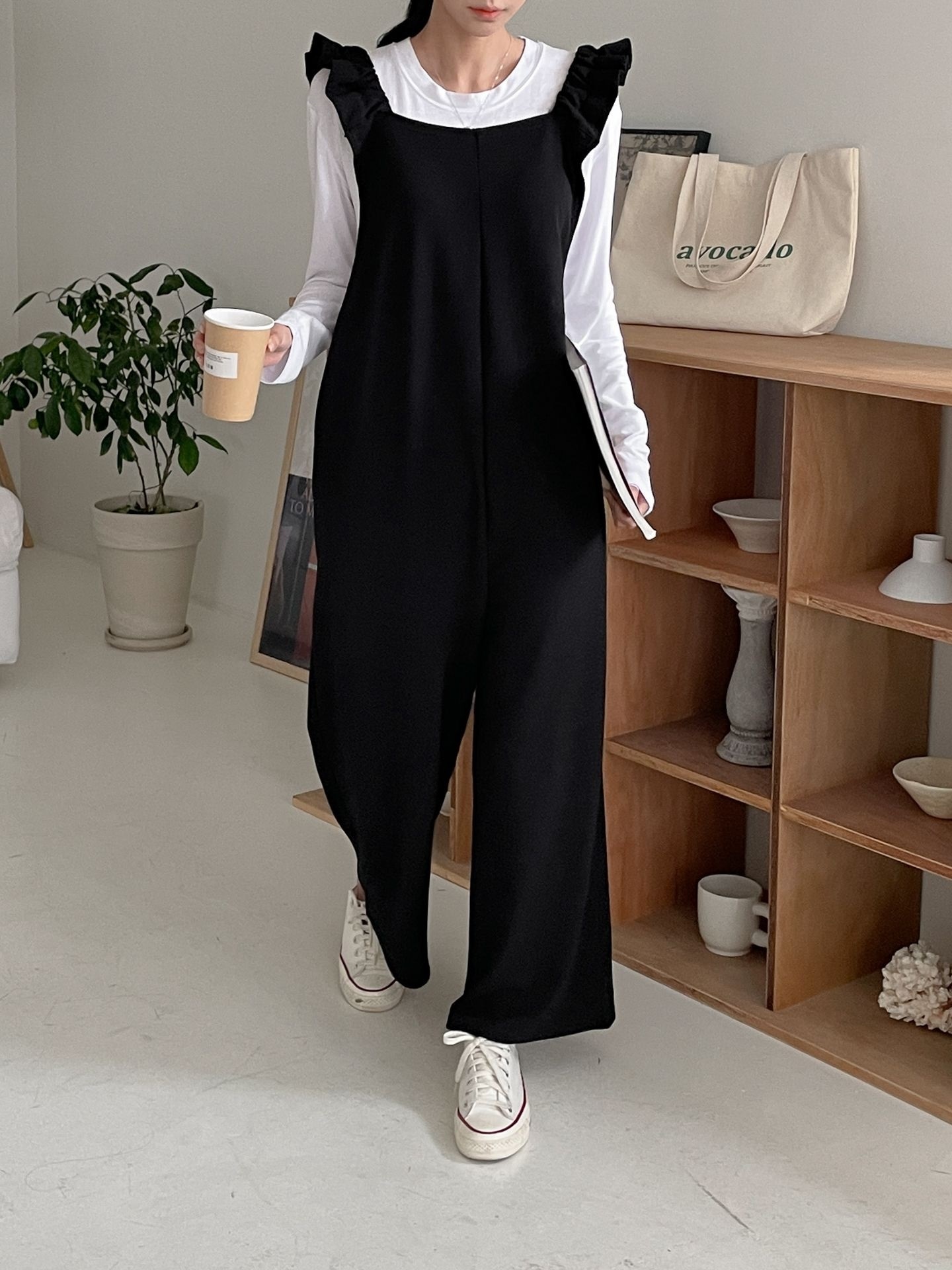 スクエアネックシャーリングフリルラインワイド無地オールインワン | 詳細画像2