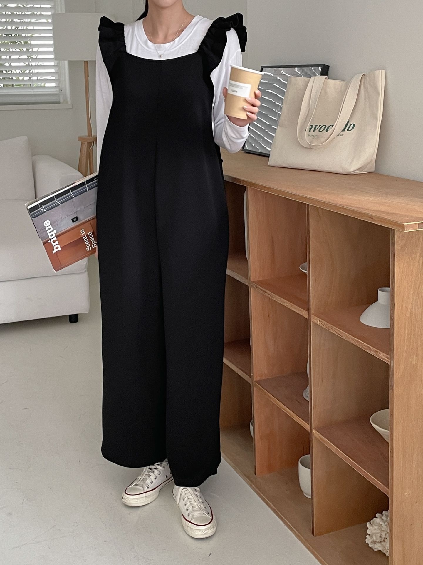 スクエアネックシャーリングフリルラインワイド無地オールインワン | 詳細画像7