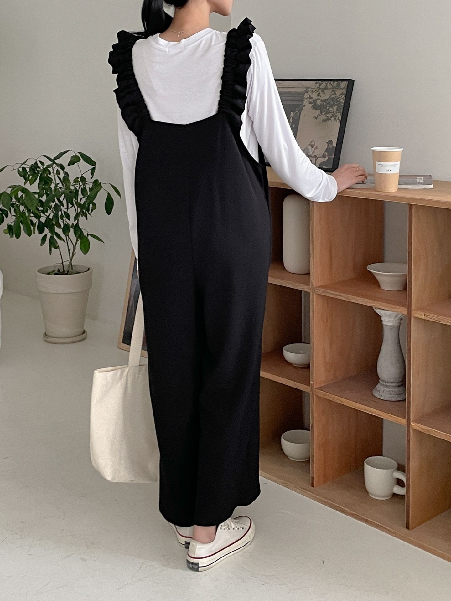 スクエアネックシャーリングフリルラインワイド無地オールインワン | 詳細画像8