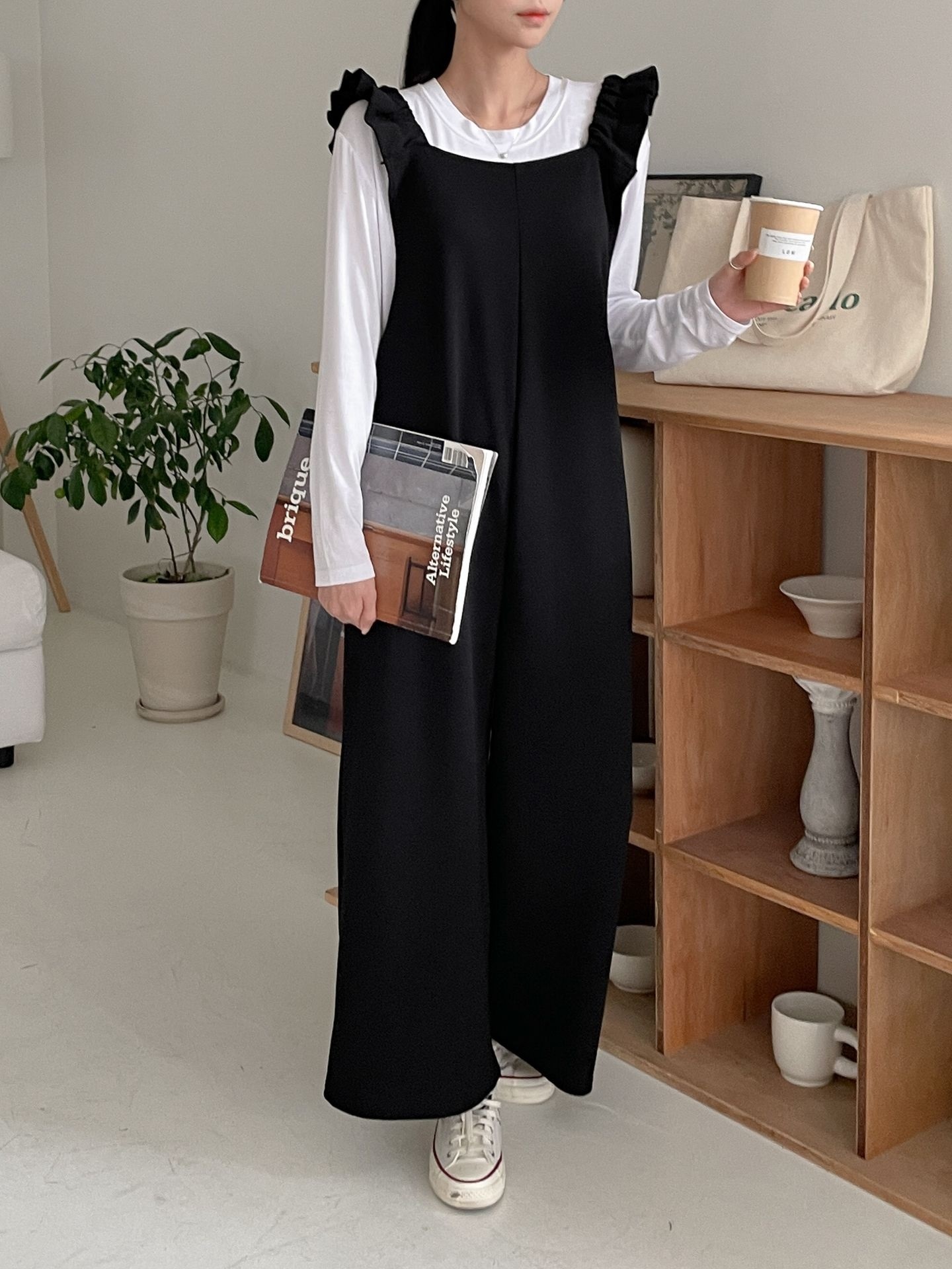 スクエアネックシャーリングフリルラインワイド無地オールインワン | 詳細画像10