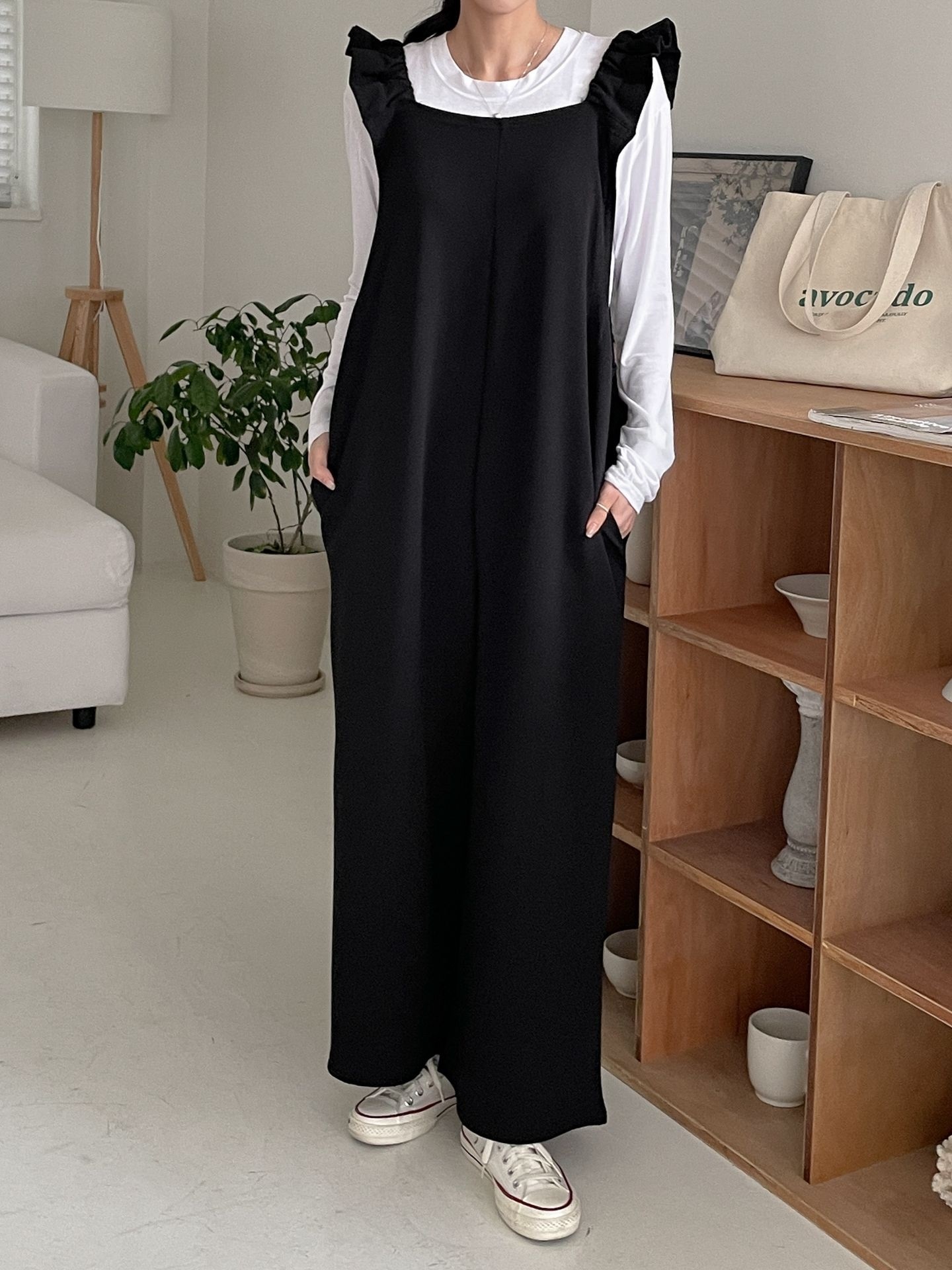 スクエアネックシャーリングフリルラインワイド無地オールインワン | 詳細画像11