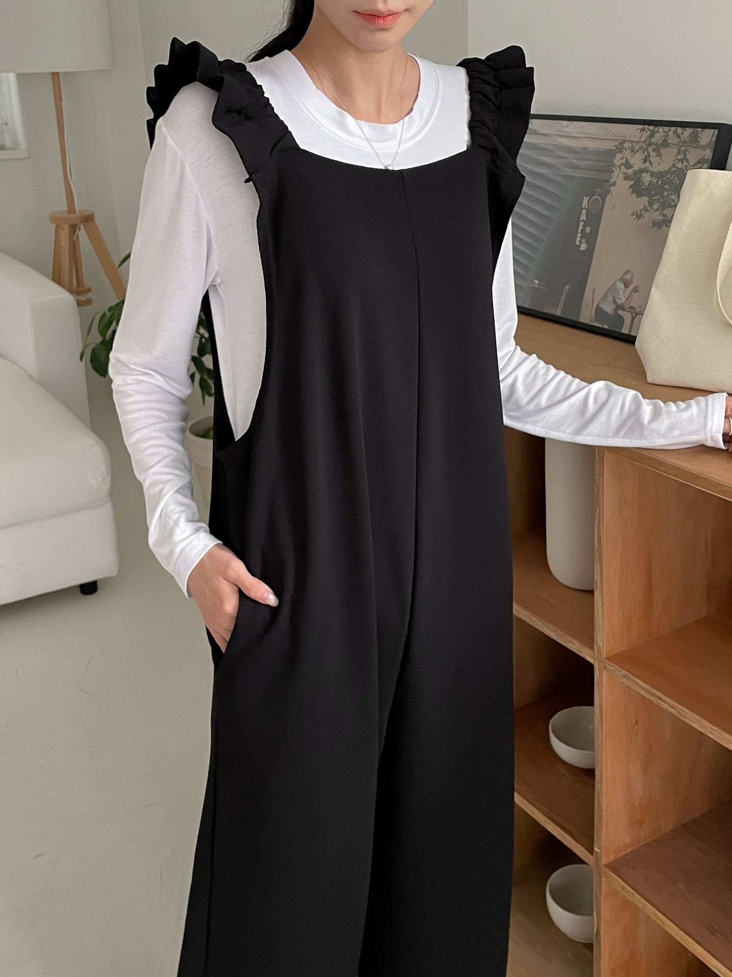 スクエアネックシャーリングフリルラインワイド無地オールインワン | 詳細画像16