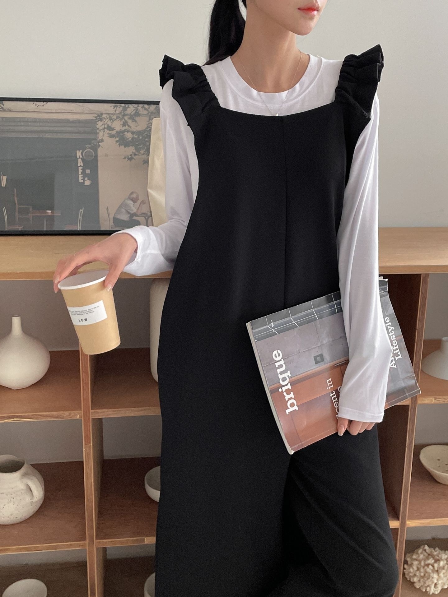 スクエアネックシャーリングフリルラインワイド無地オールインワン | 詳細画像18