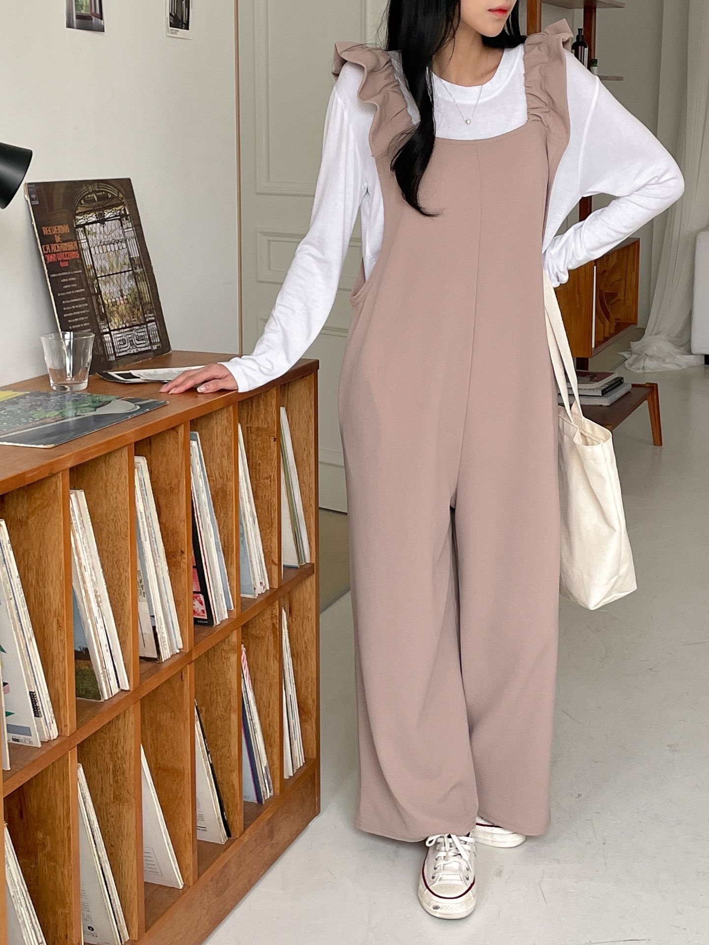 スクエアネックシャーリングフリルラインワイド無地オールインワン | 詳細画像19