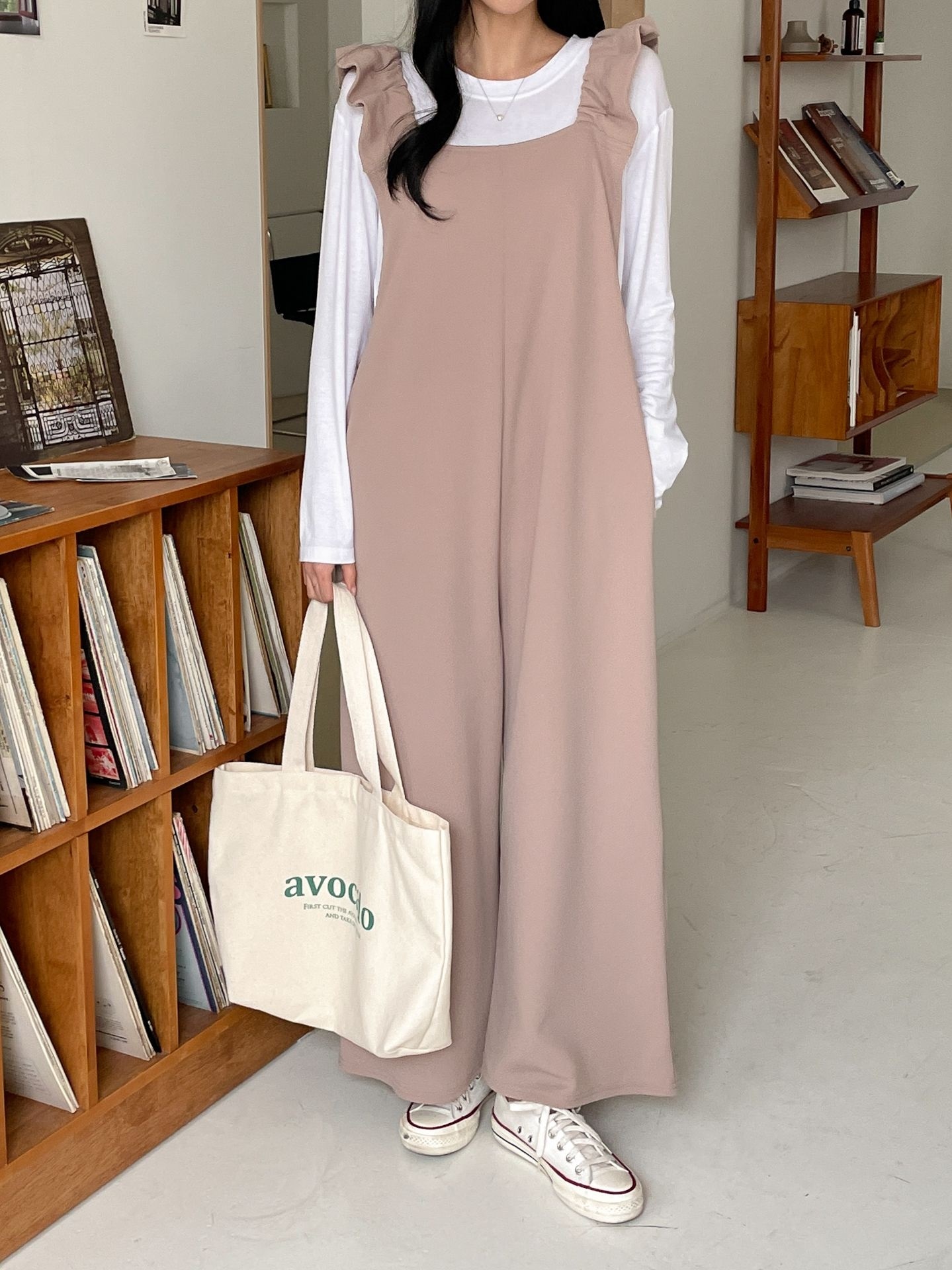 スクエアネックシャーリングフリルラインワイド無地オールインワン | 詳細画像24