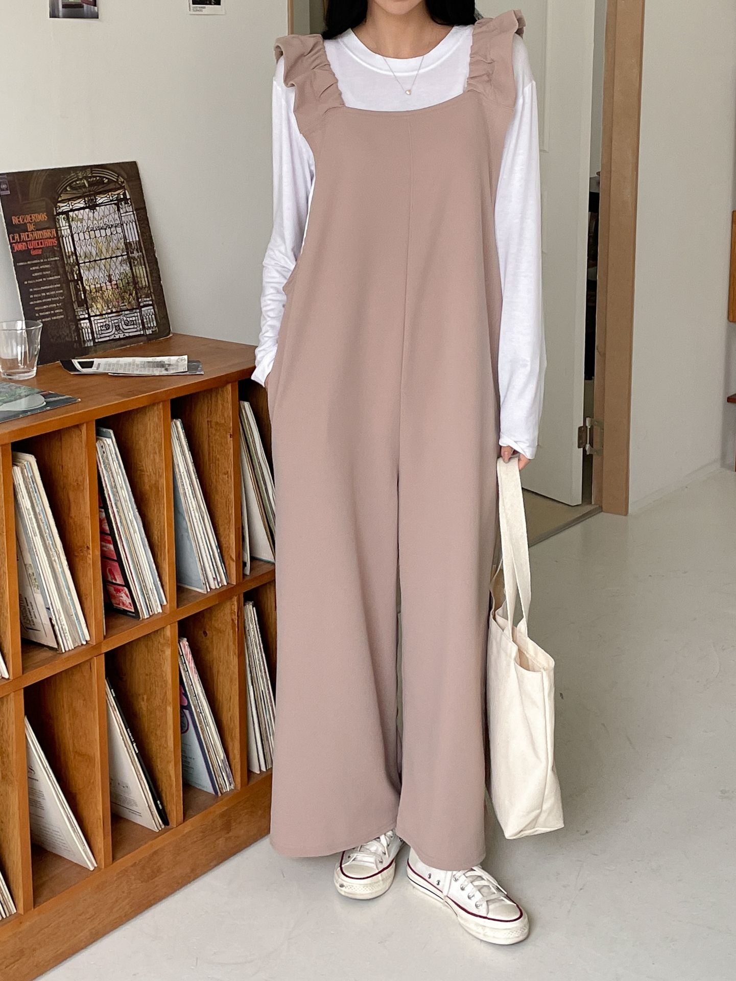 スクエアネックシャーリングフリルラインワイド無地オールインワン | 詳細画像28