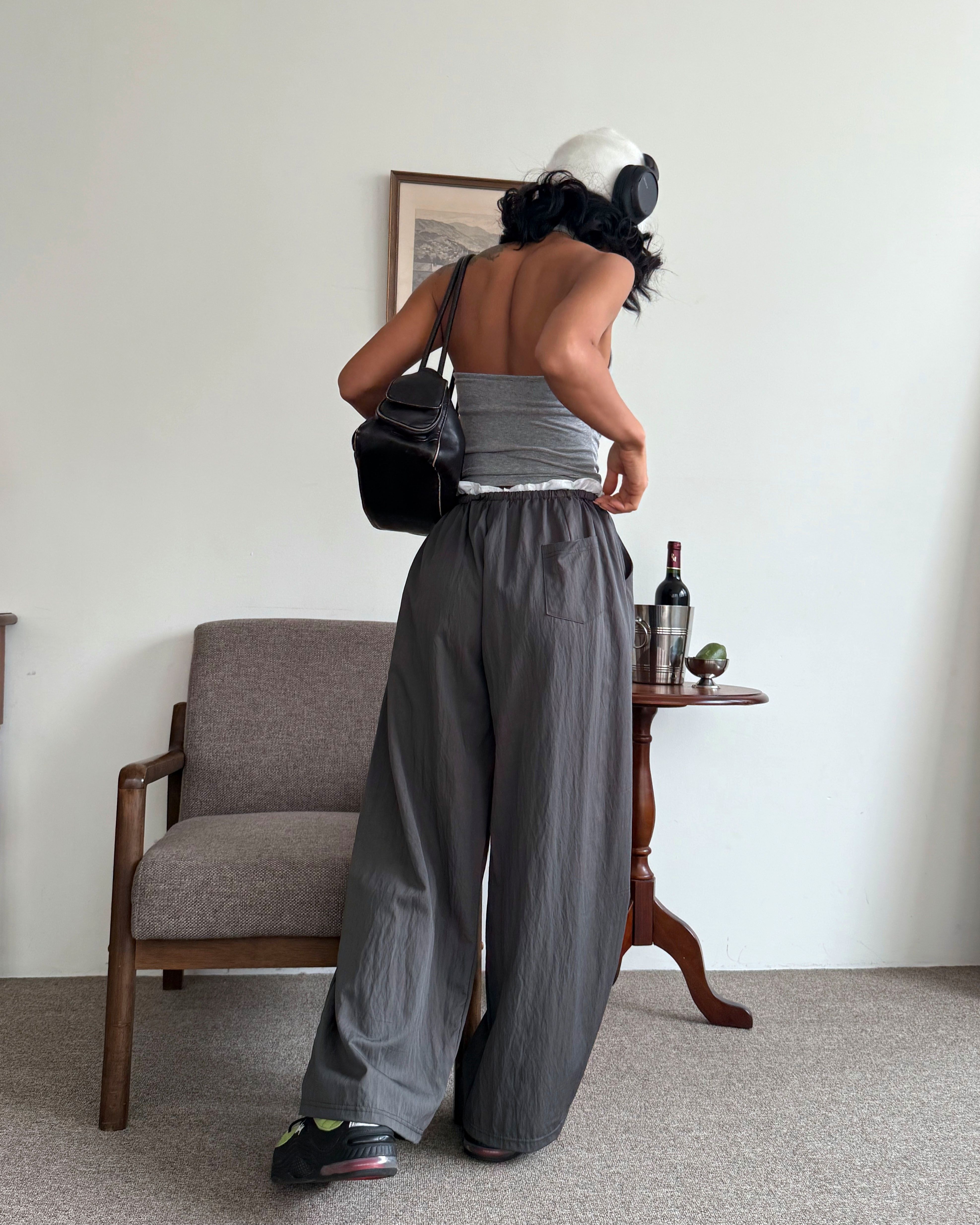 ドローストリングフリルポケットウエストゴムレイヤード風ワイドバックポケット配色パンツ | 詳細画像5