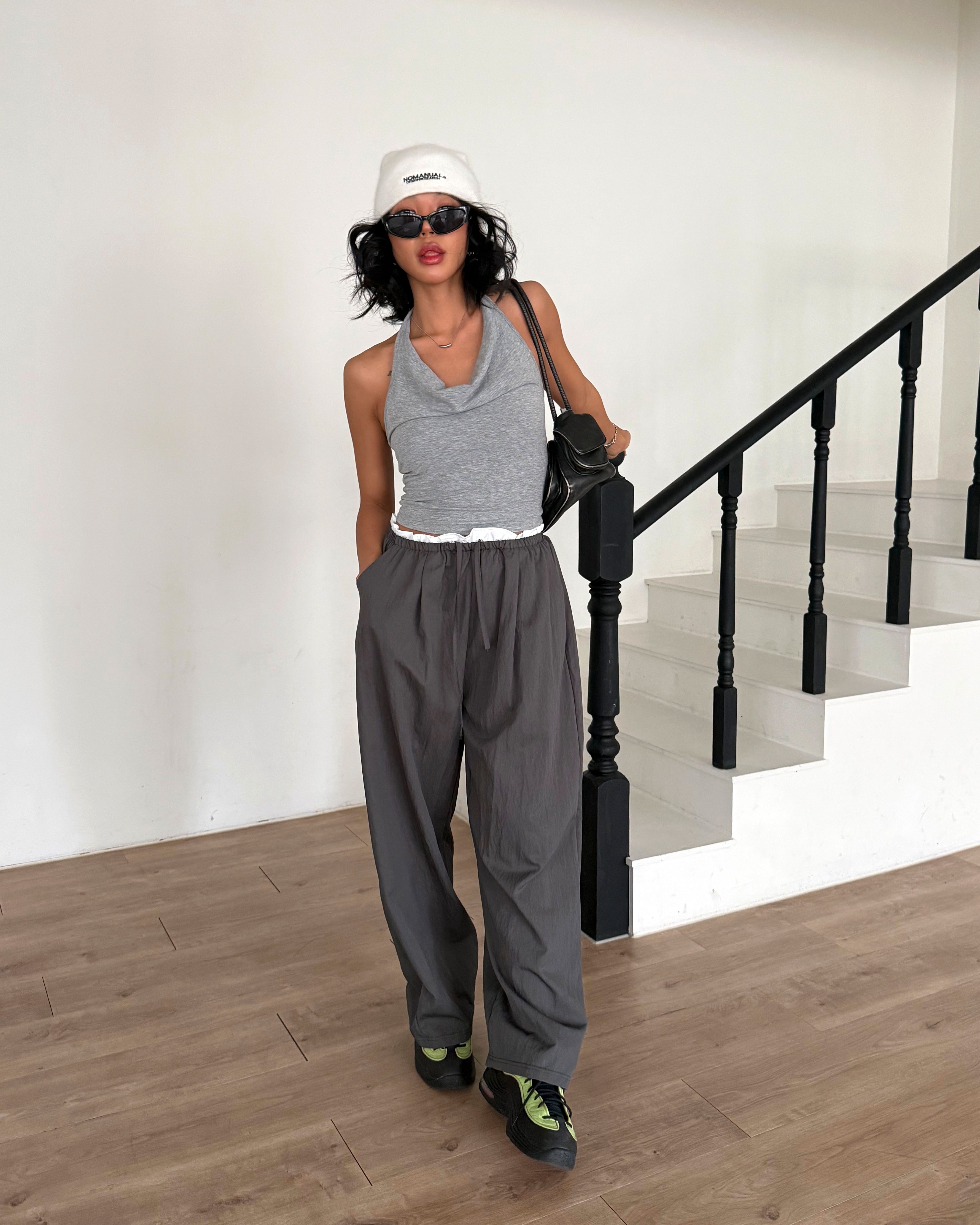 ドローストリングフリルポケットウエストゴムレイヤード風ワイドバックポケット配色パンツ | 詳細画像3