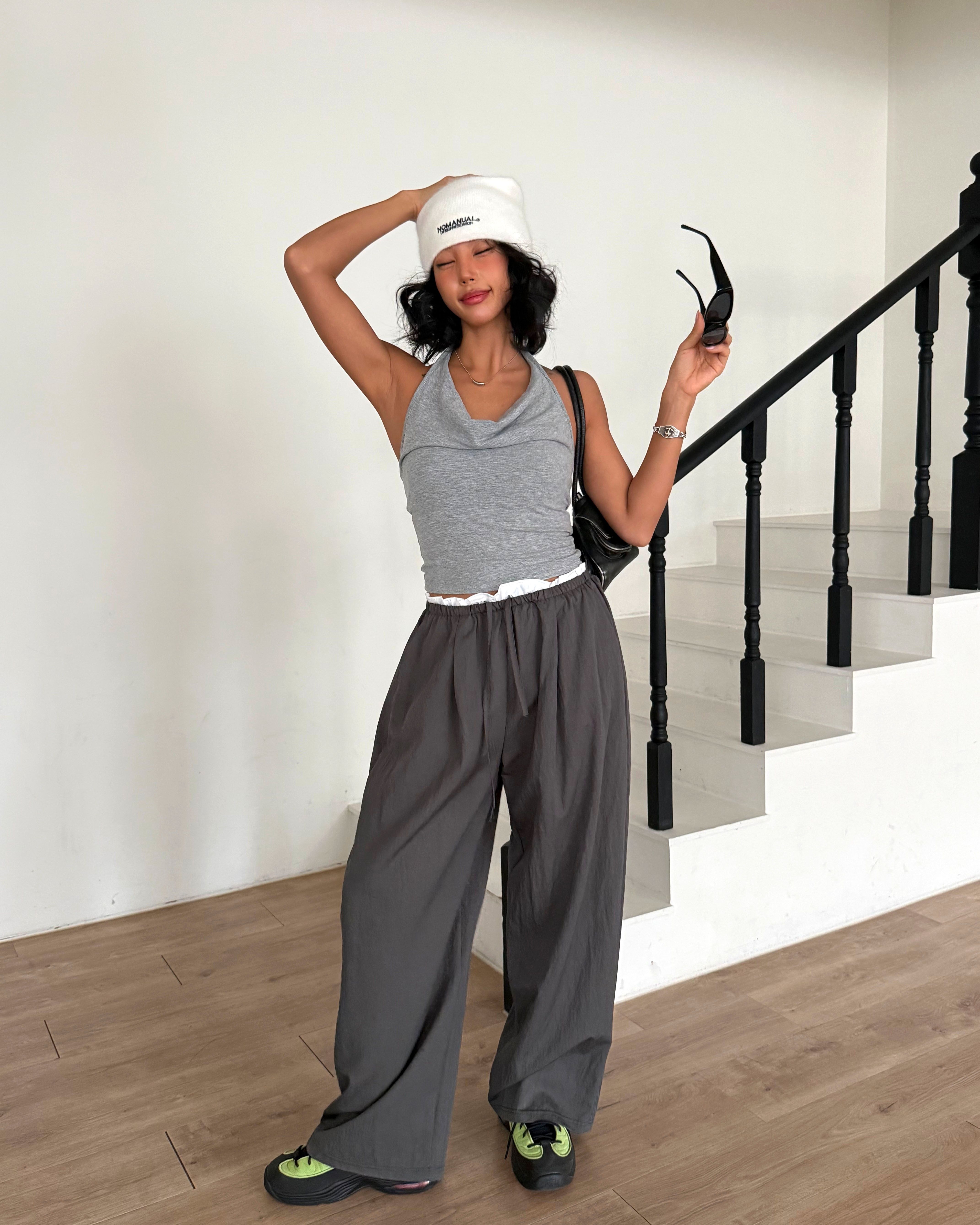 ドローストリングフリルポケットウエストゴムレイヤード風ワイドバックポケット配色パンツ | 詳細画像4