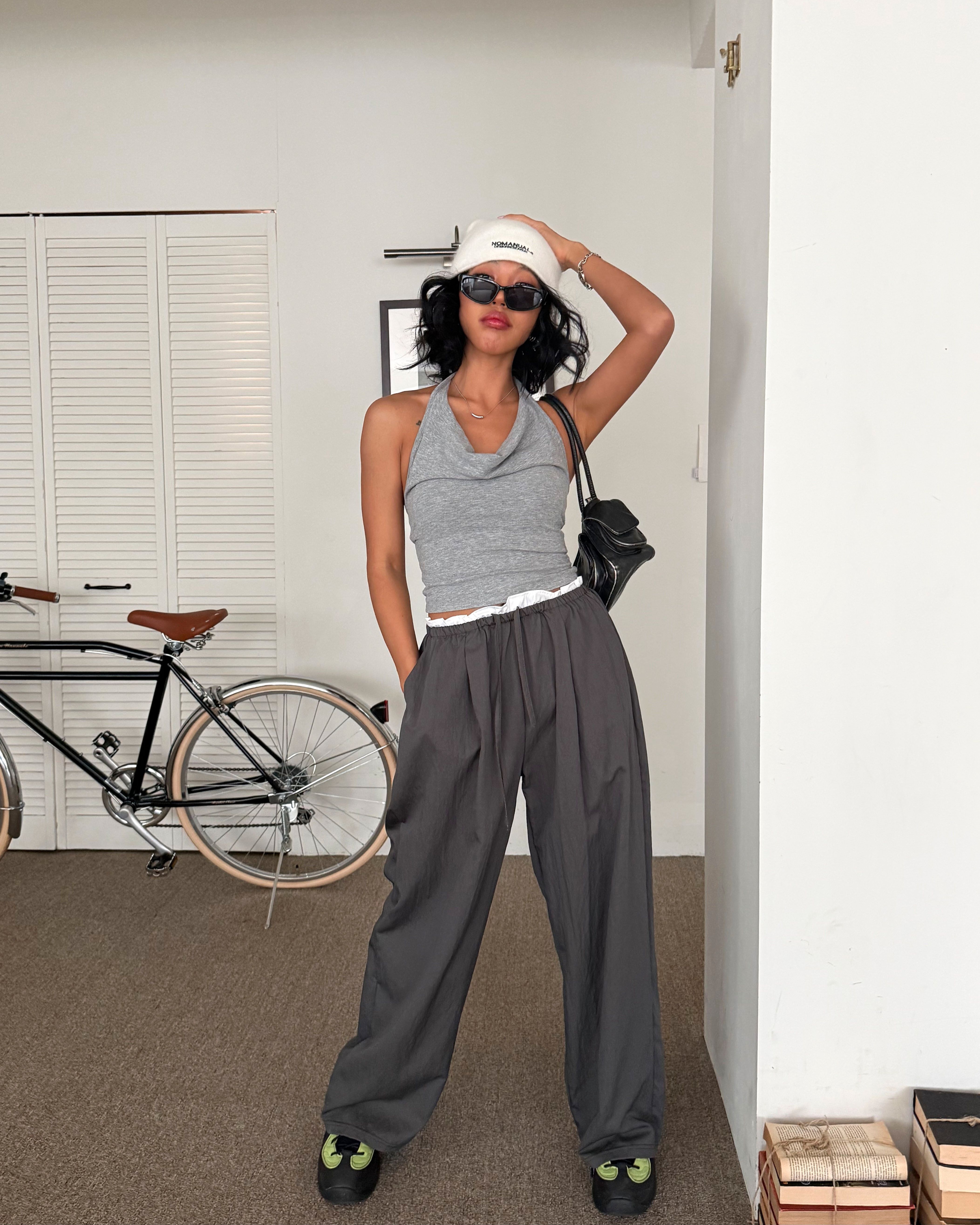 ドローストリングフリルポケットウエストゴムレイヤード風ワイドバックポケット配色パンツ | 詳細画像6