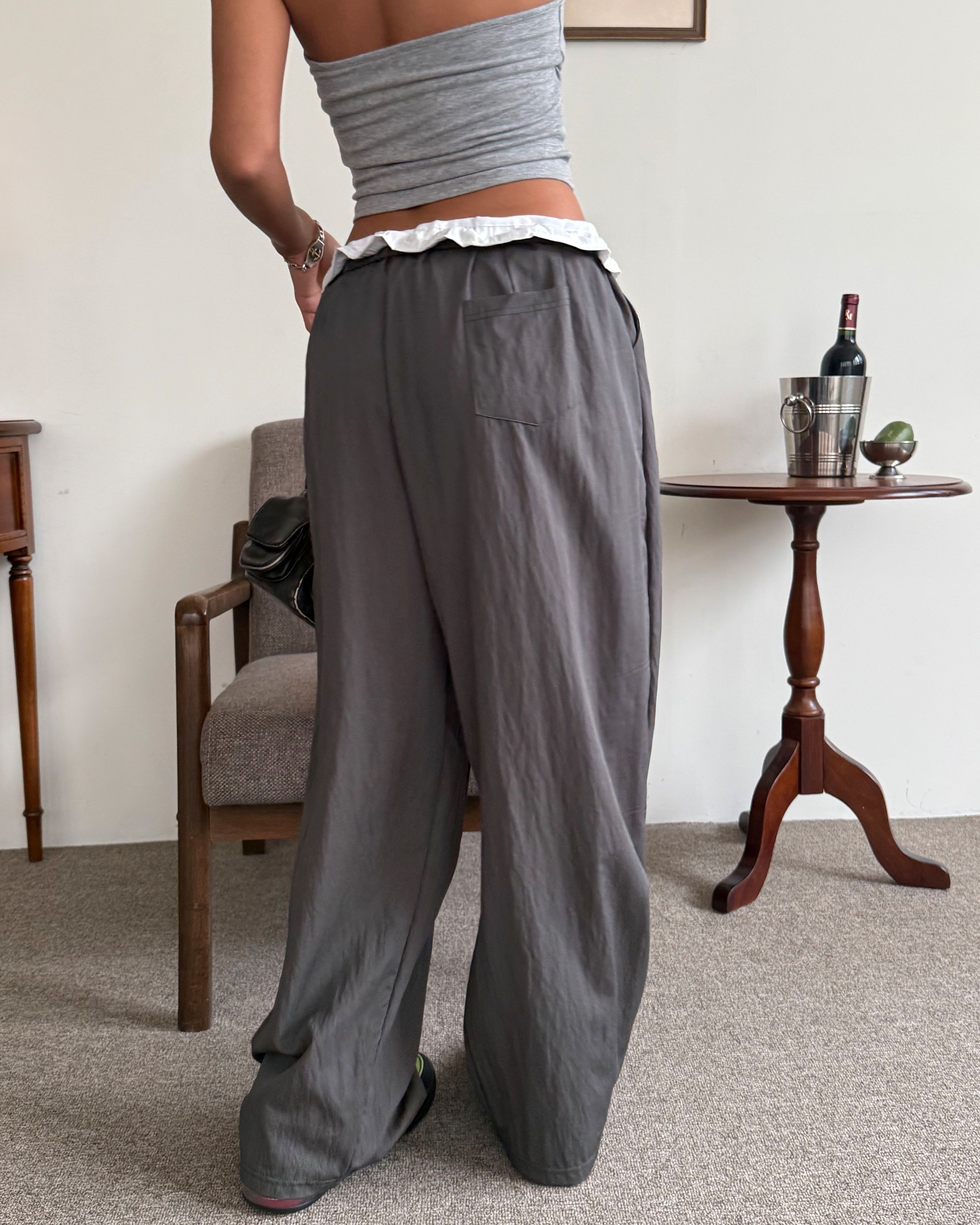 ドローストリングフリルポケットウエストゴムレイヤード風ワイドバックポケット配色パンツ | 詳細画像7