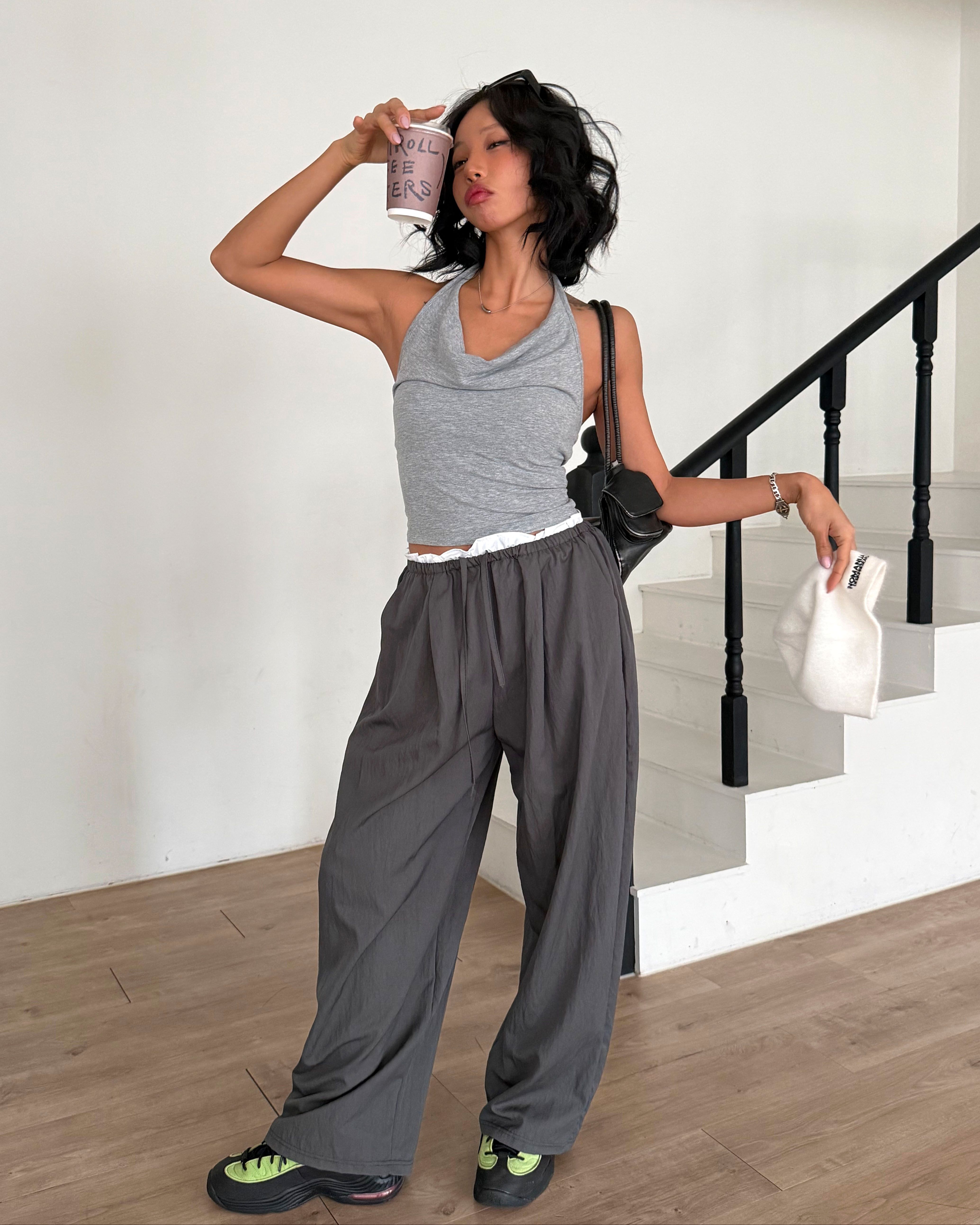 ドローストリングフリルポケットウエストゴムレイヤード風ワイドバックポケット配色パンツ | 詳細画像8