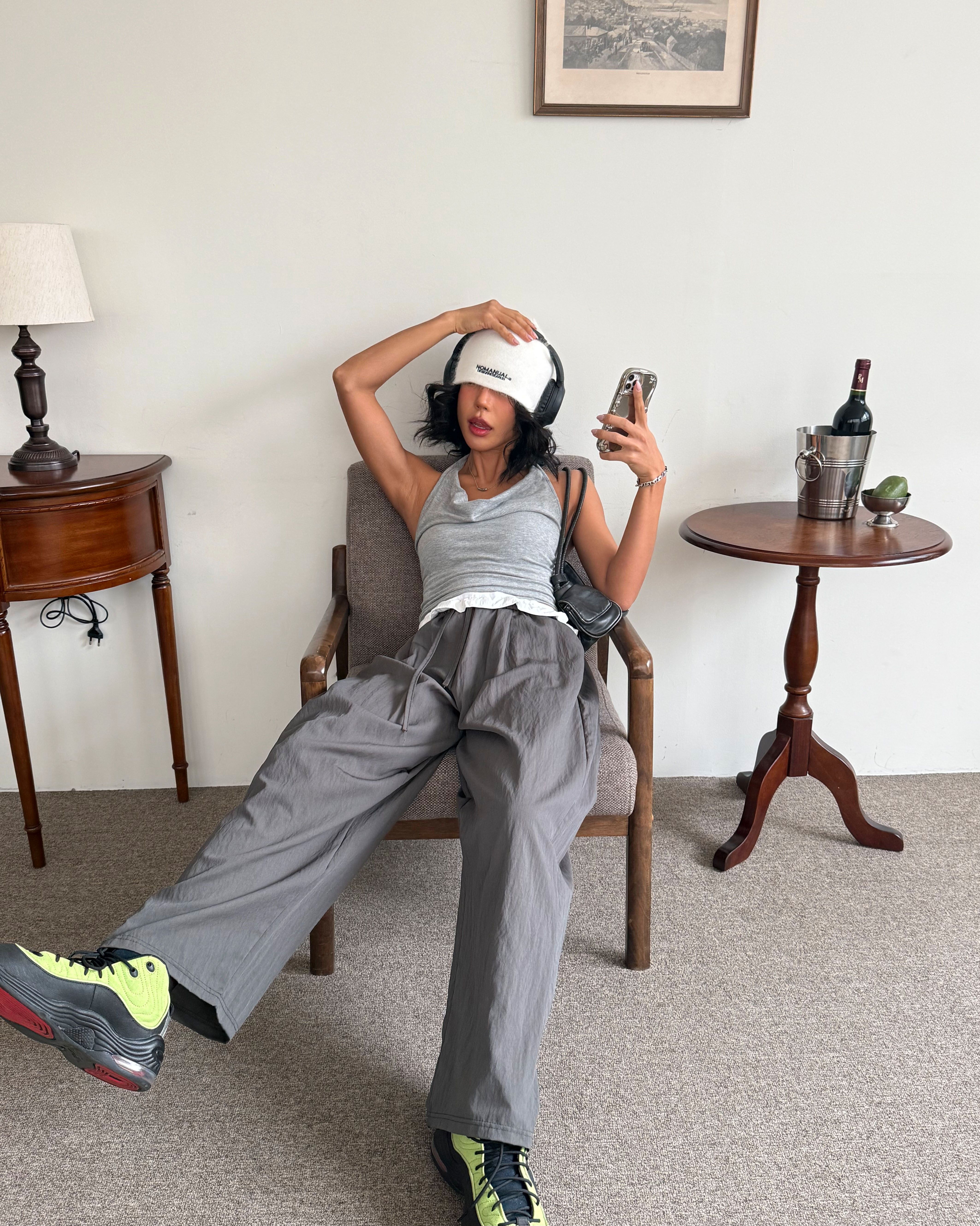 ドローストリングフリルポケットウエストゴムレイヤード風ワイドバックポケット配色パンツ | 詳細画像10