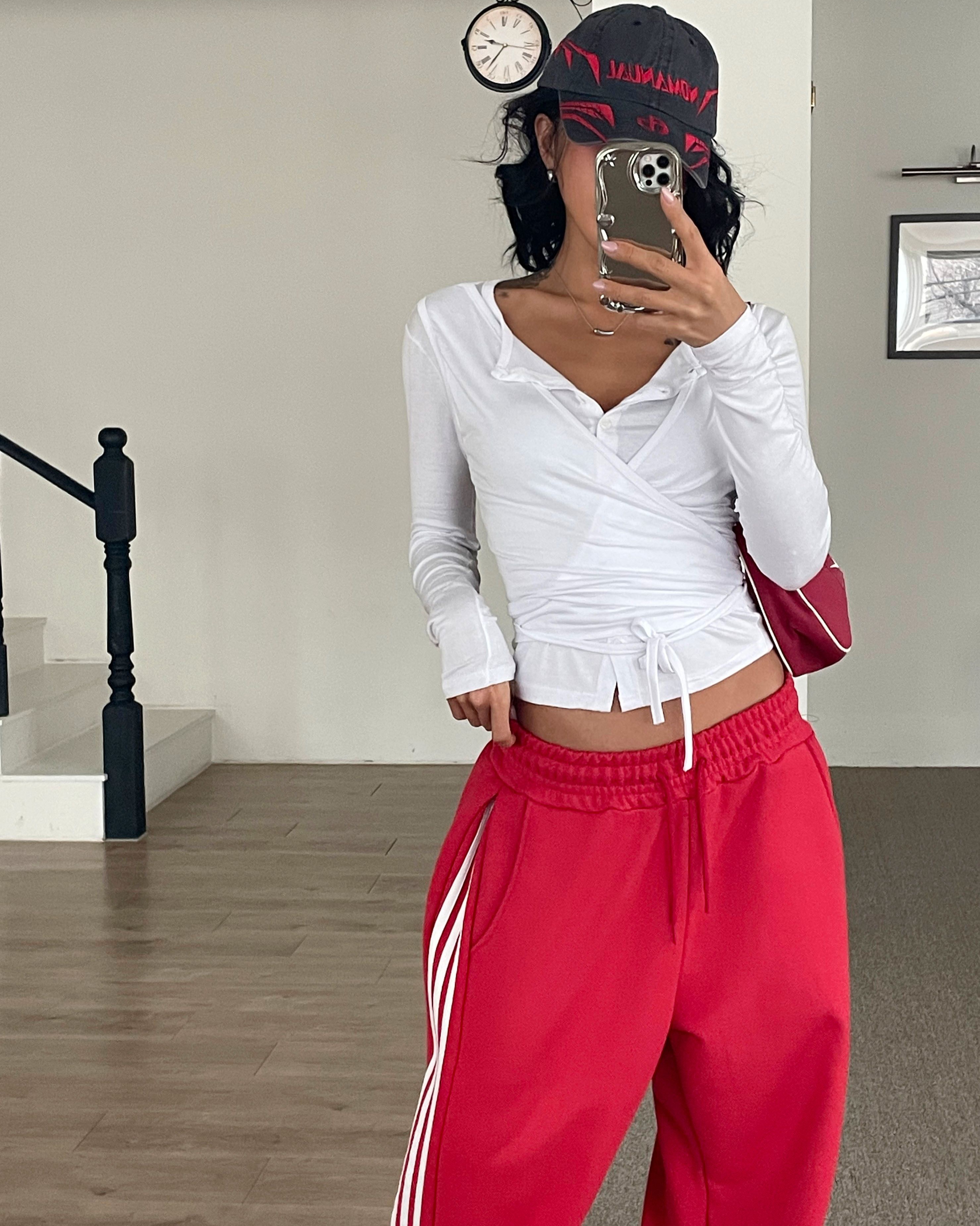 ボタンストラップラップクロップドスリム長袖無地Tシャツ | 詳細画像5