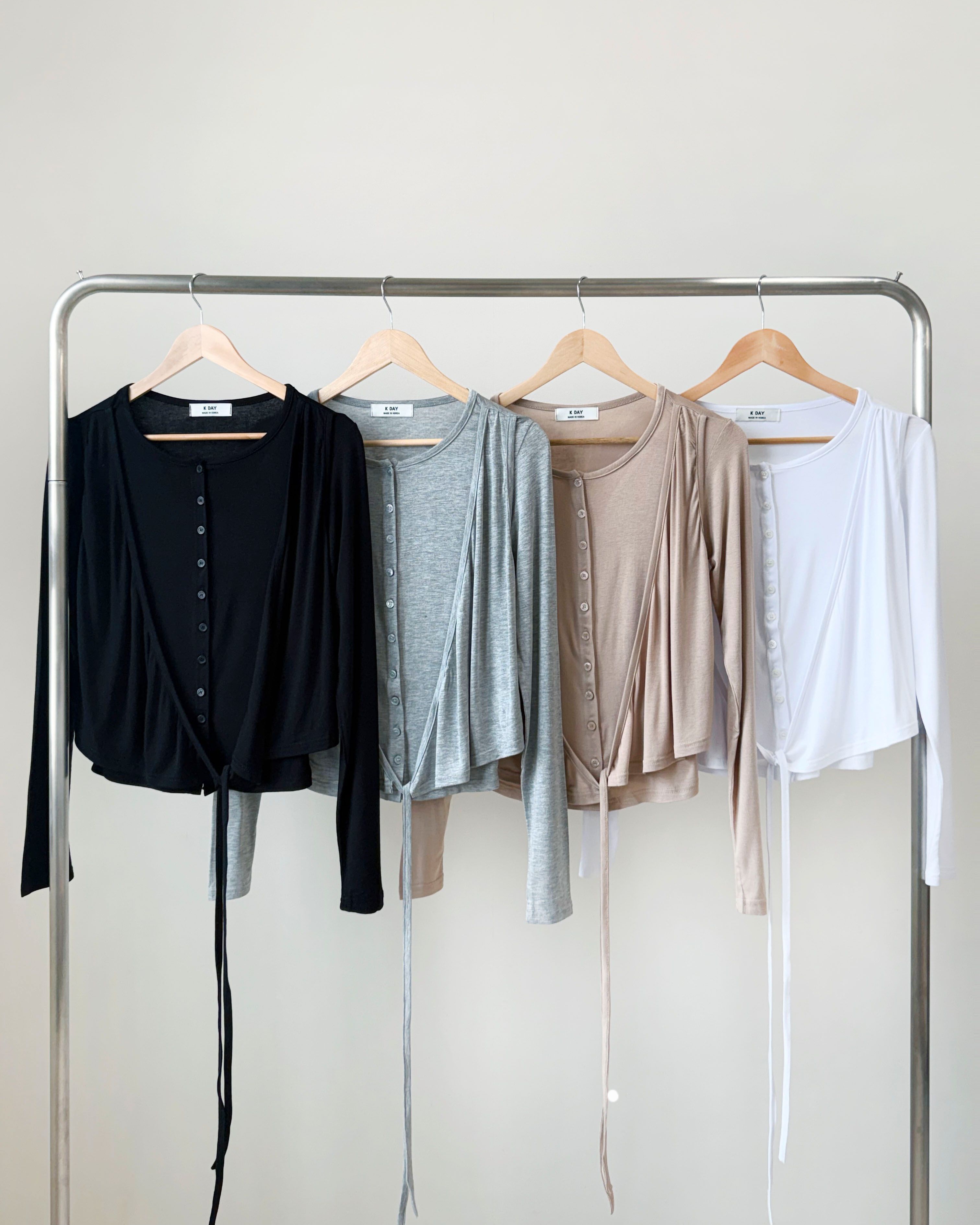 ボタンストラップラップクロップドスリム長袖無地Tシャツ | 詳細画像13