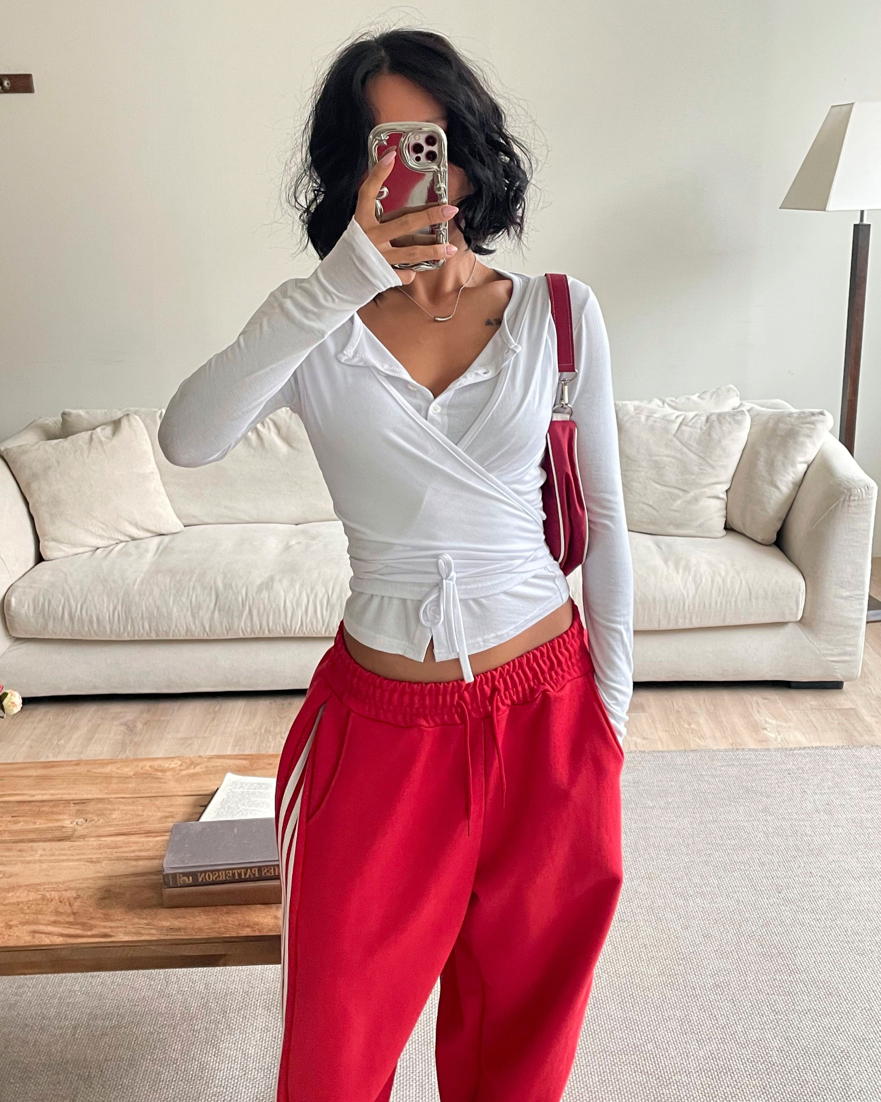 ボタンストラップラップクロップドスリム長袖無地Tシャツ | 詳細画像9