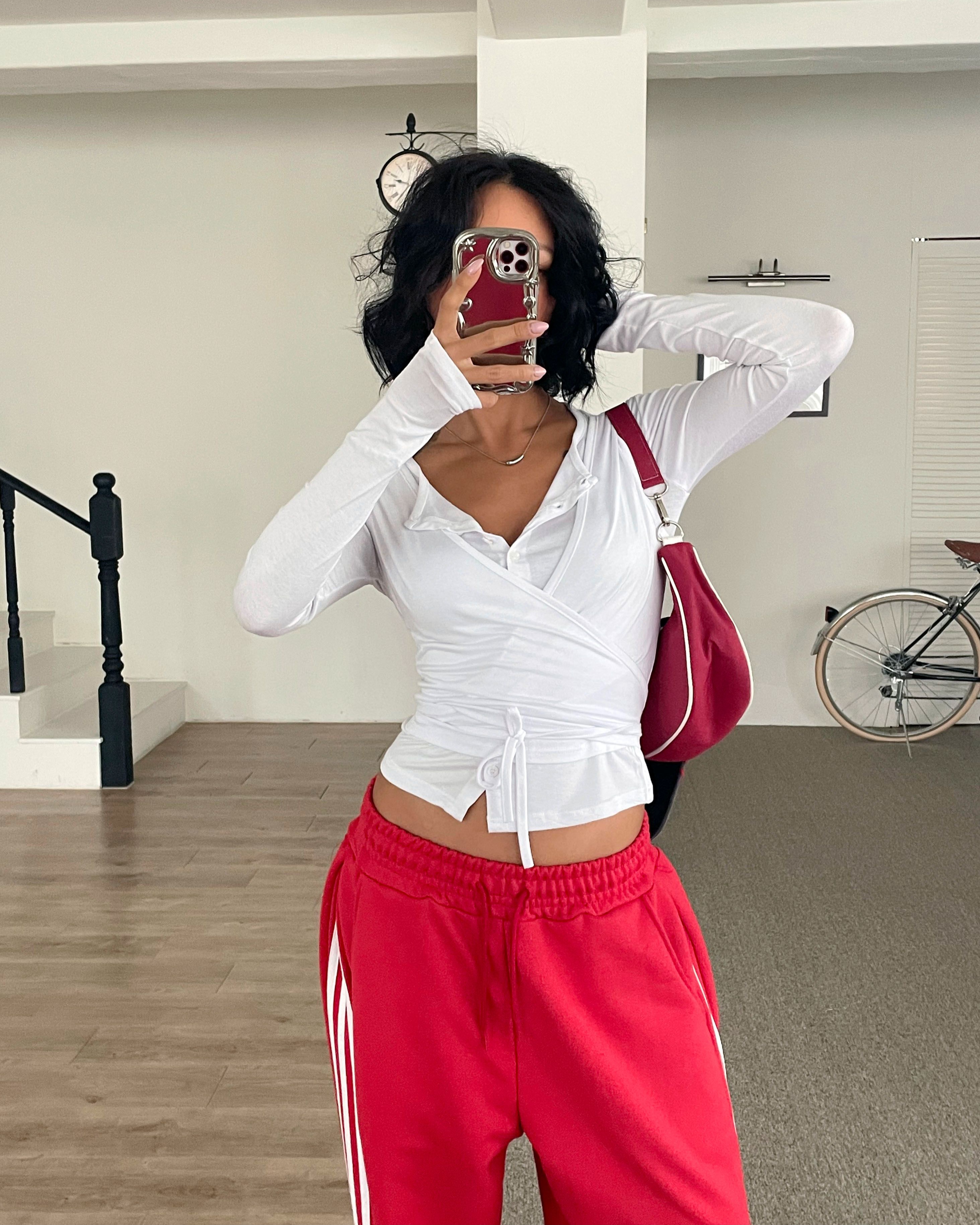 ボタンストラップラップクロップドスリム長袖無地Tシャツ | 詳細画像3