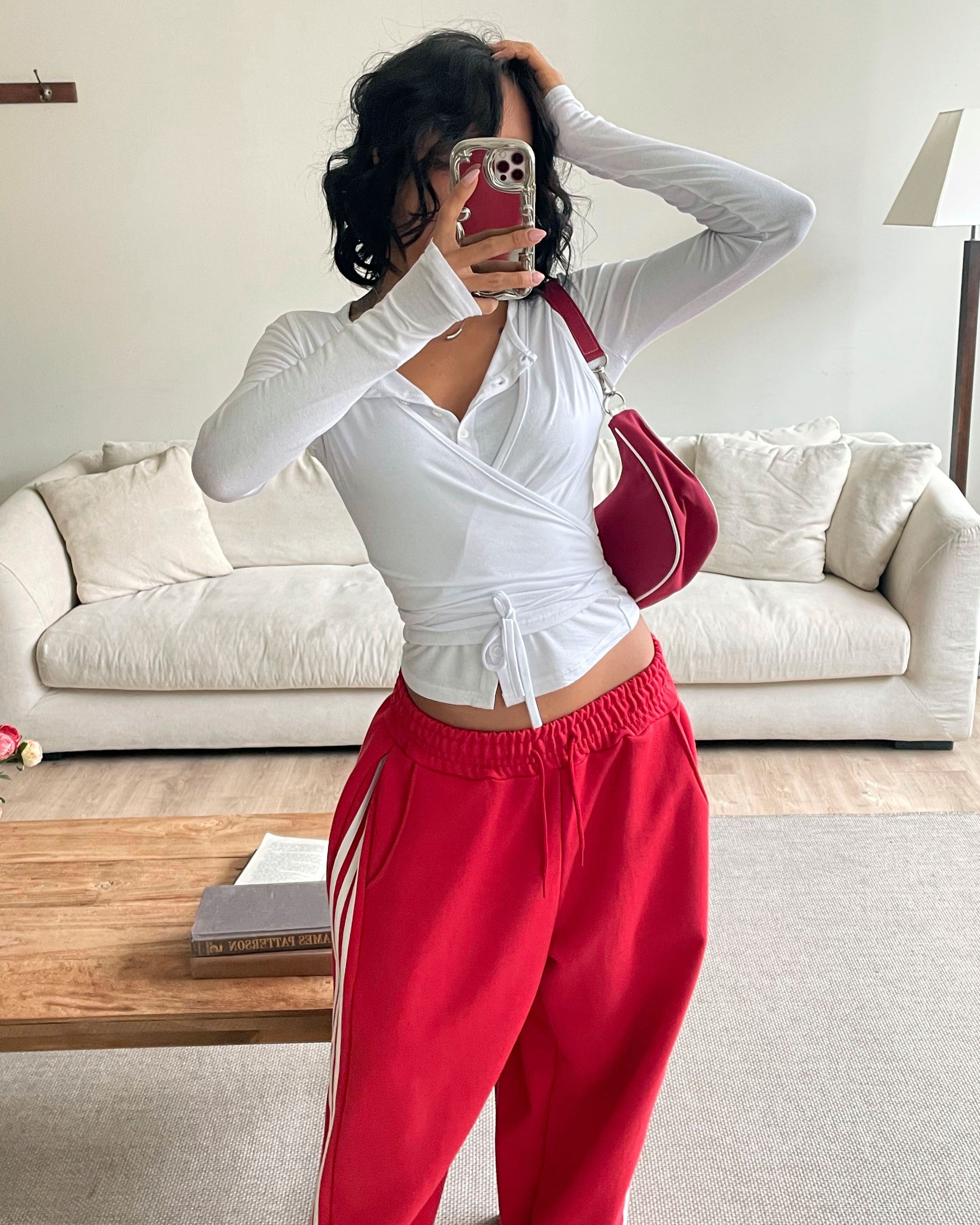 ボタンストラップラップクロップドスリム長袖無地Tシャツ | 詳細画像12