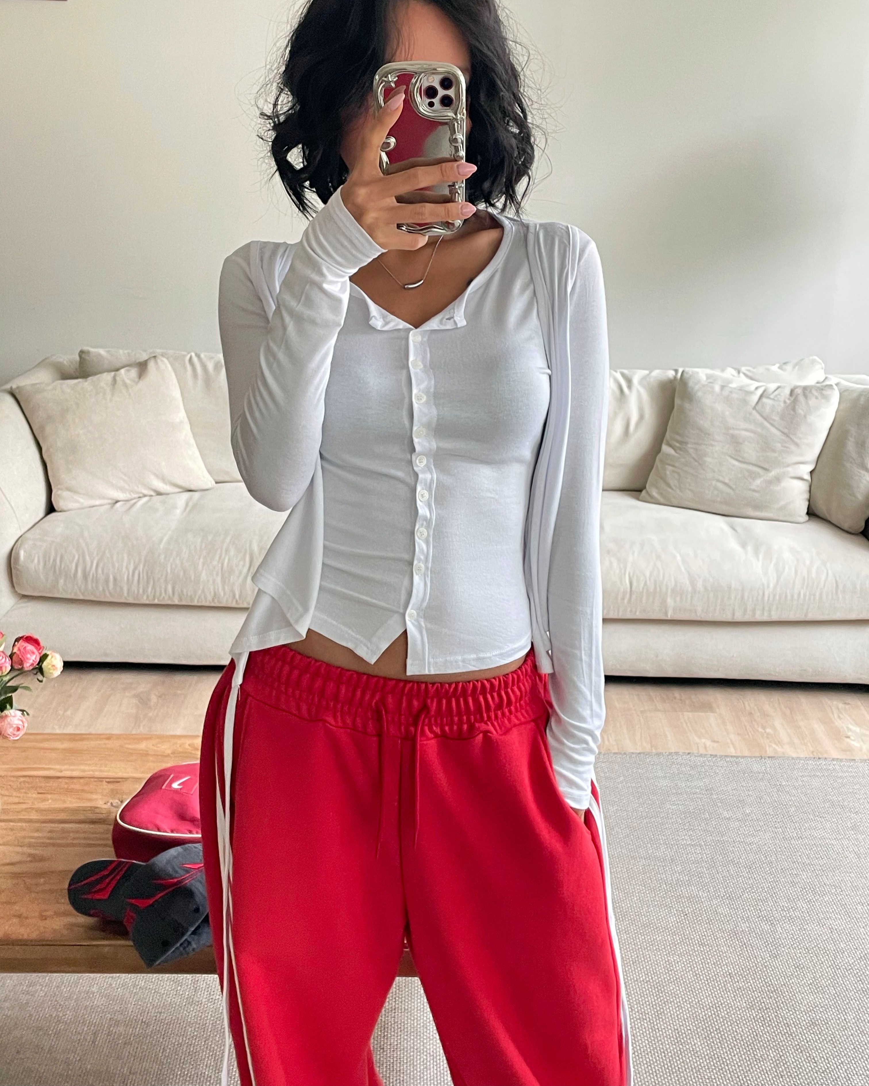 ボタンストラップラップクロップドスリム長袖無地Tシャツ | 詳細画像11