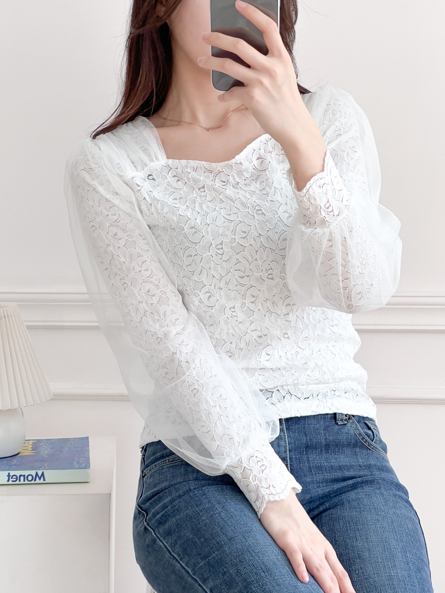 レースチュールコンビハートネックパフスリーブ長袖ギャザーレースブラウス | 詳細画像2