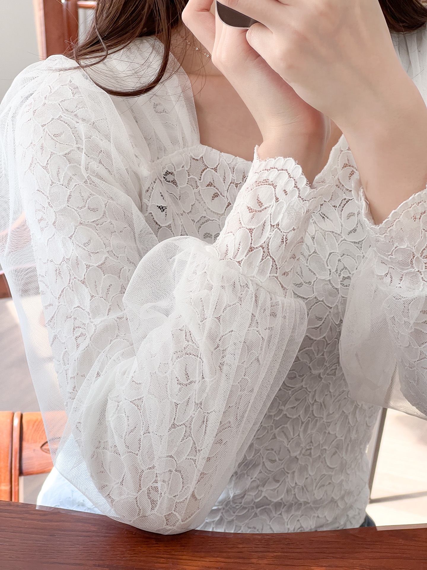 レースチュールコンビハートネックパフスリーブ長袖ギャザーレースブラウス | 詳細画像3