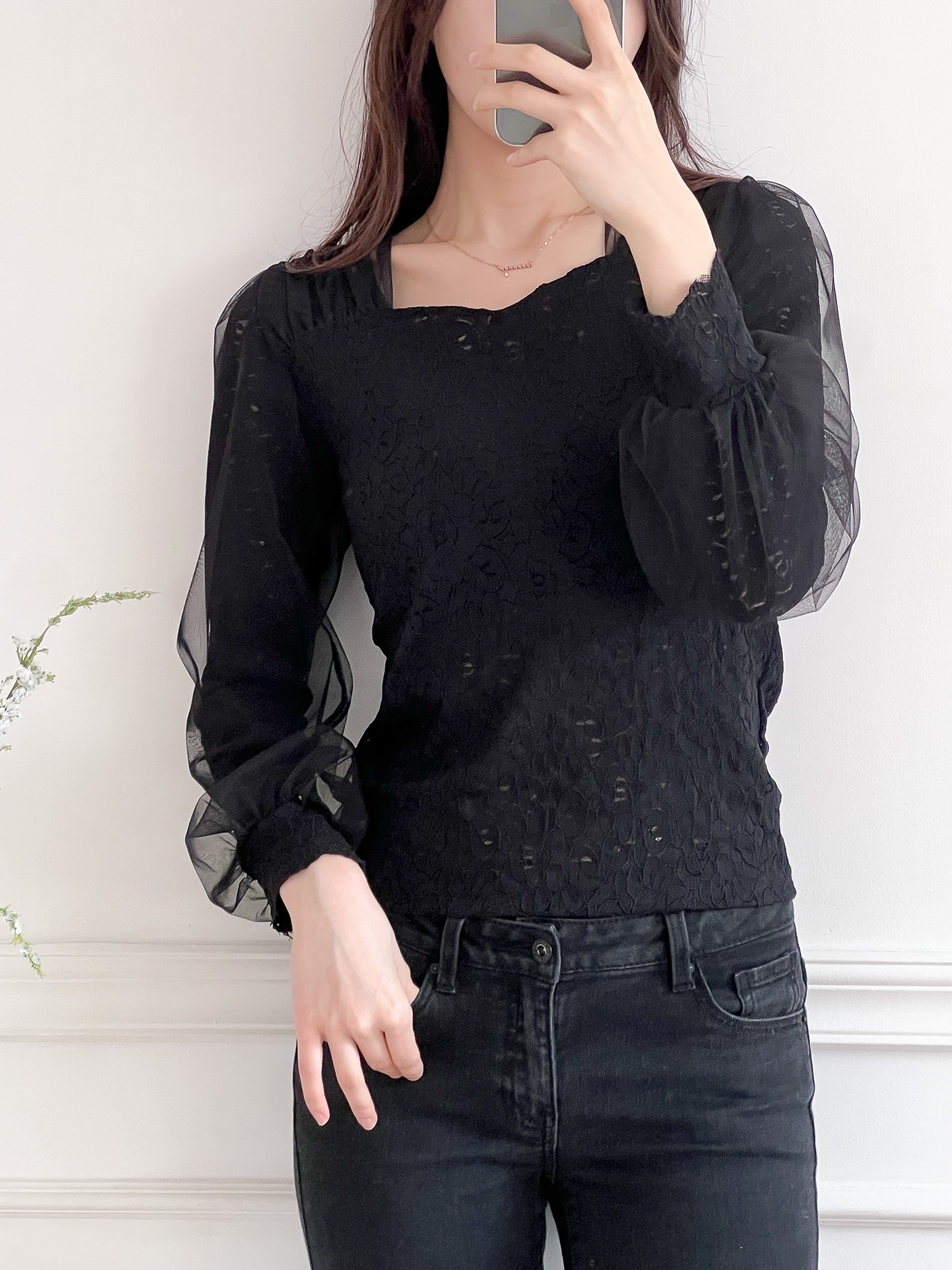 レースチュールコンビハートネックパフスリーブ長袖ギャザーレースブラウス | 詳細画像8