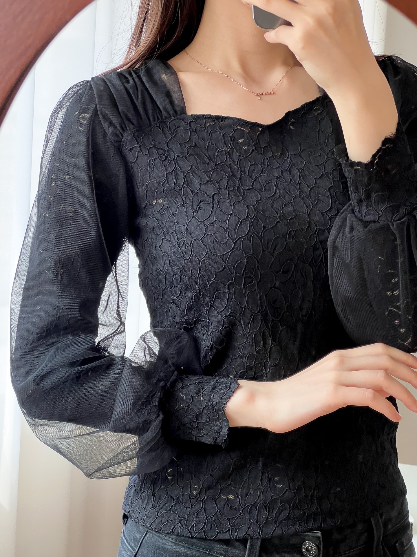レースチュールコンビハートネックパフスリーブ長袖ギャザーレースブラウス | 詳細画像9
