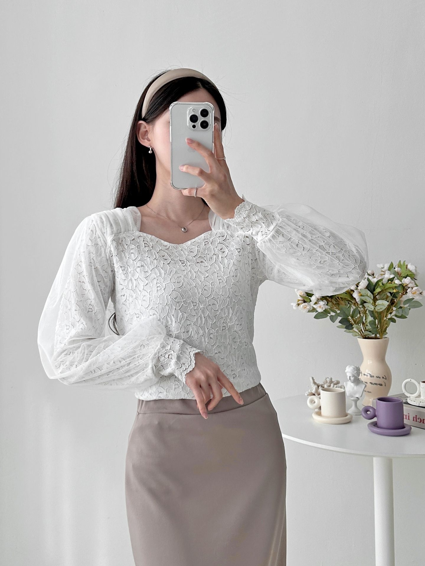 レースチュールコンビハートネックパフスリーブ長袖ギャザーレースブラウス | 詳細画像4