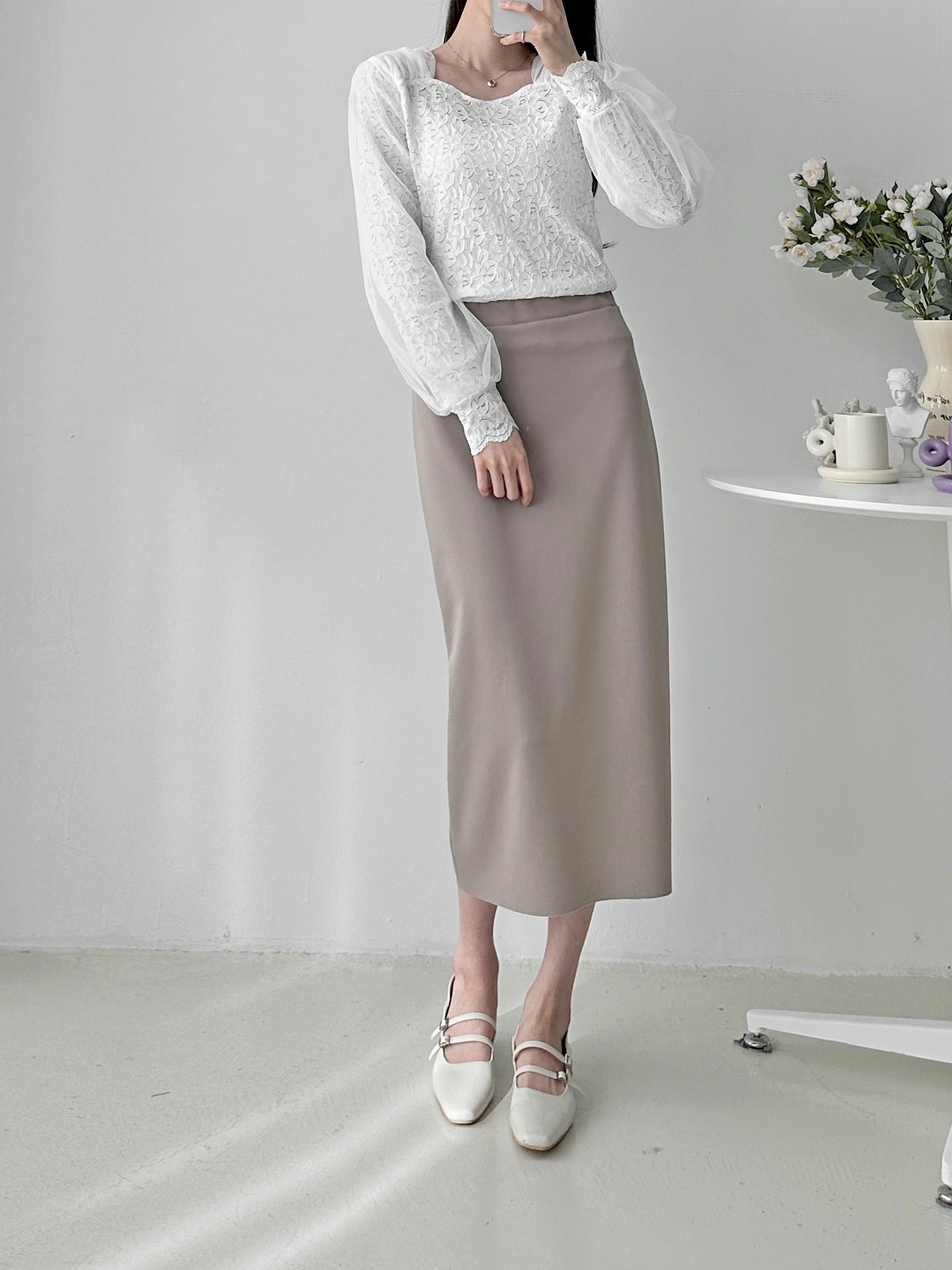 レースチュールコンビハートネックパフスリーブ長袖ギャザーレースブラウス | 詳細画像5