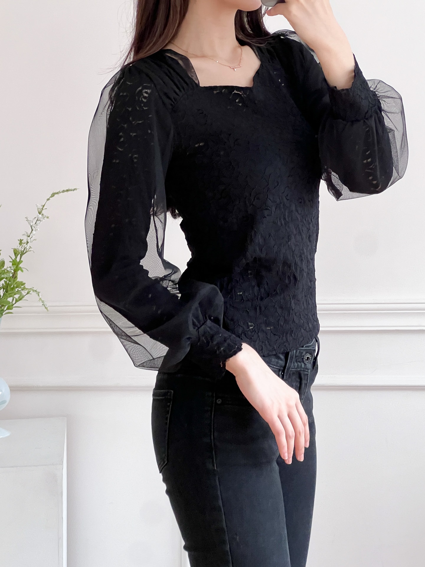 レースチュールコンビハートネックパフスリーブ長袖ギャザーレースブラウス | 詳細画像11