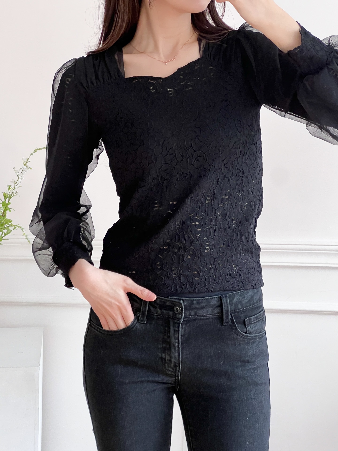 レースチュールコンビハートネックパフスリーブ長袖ギャザーレースブラウス | 詳細画像10