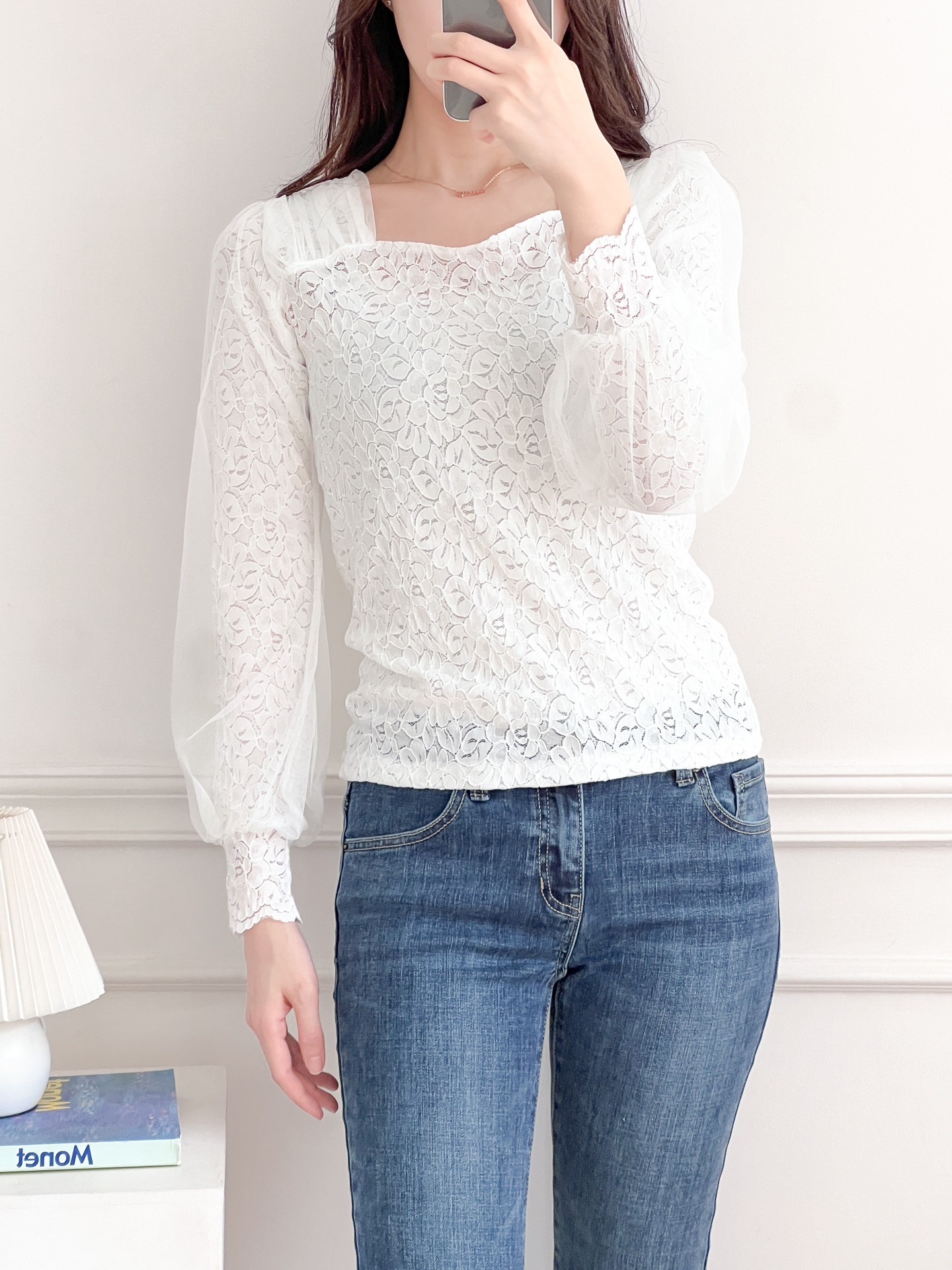 レースチュールコンビハートネックパフスリーブ長袖ギャザーレースブラウス | 詳細画像6