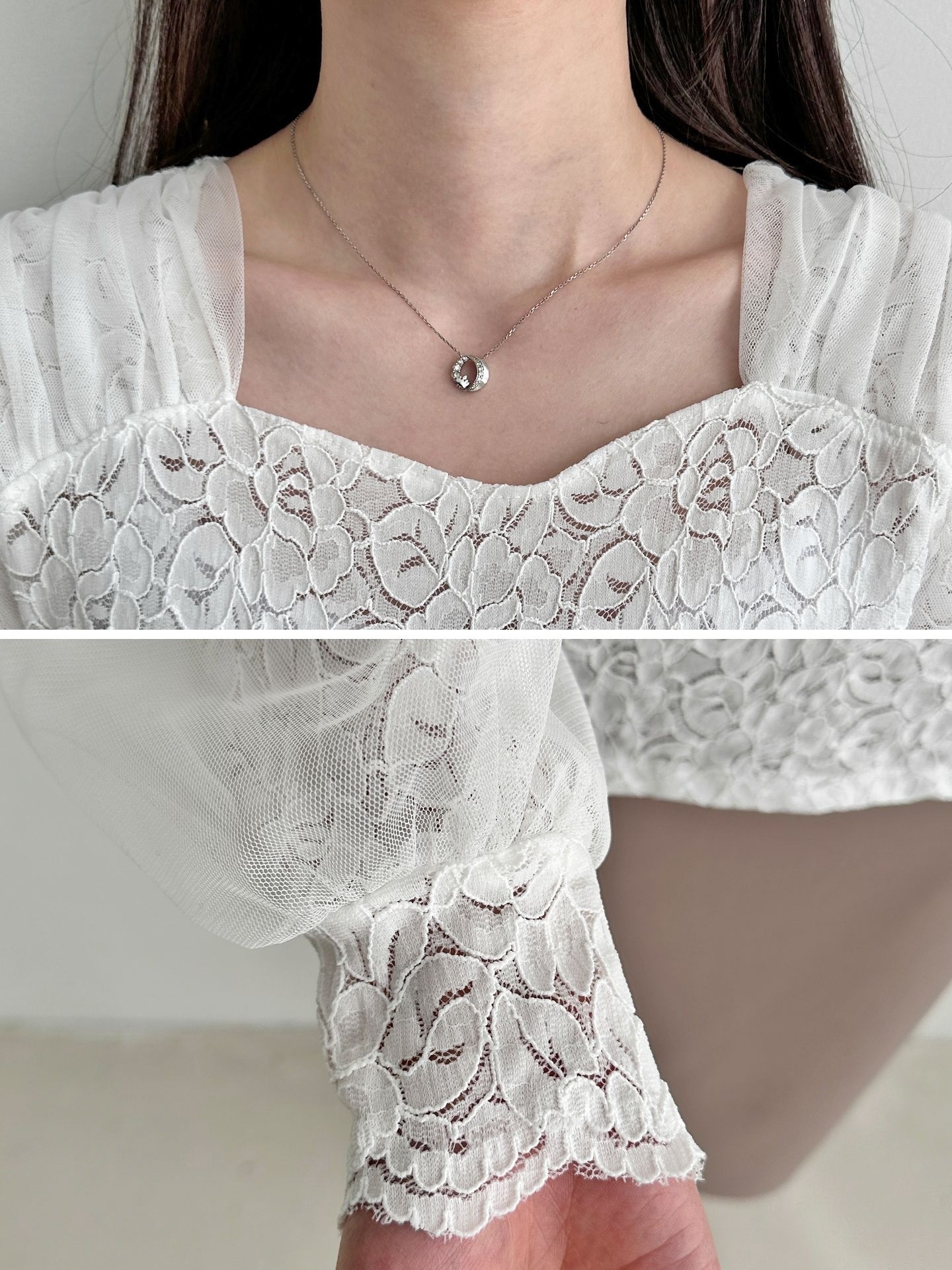 レースチュールコンビハートネックパフスリーブ長袖ギャザーレースブラウス | 詳細画像12