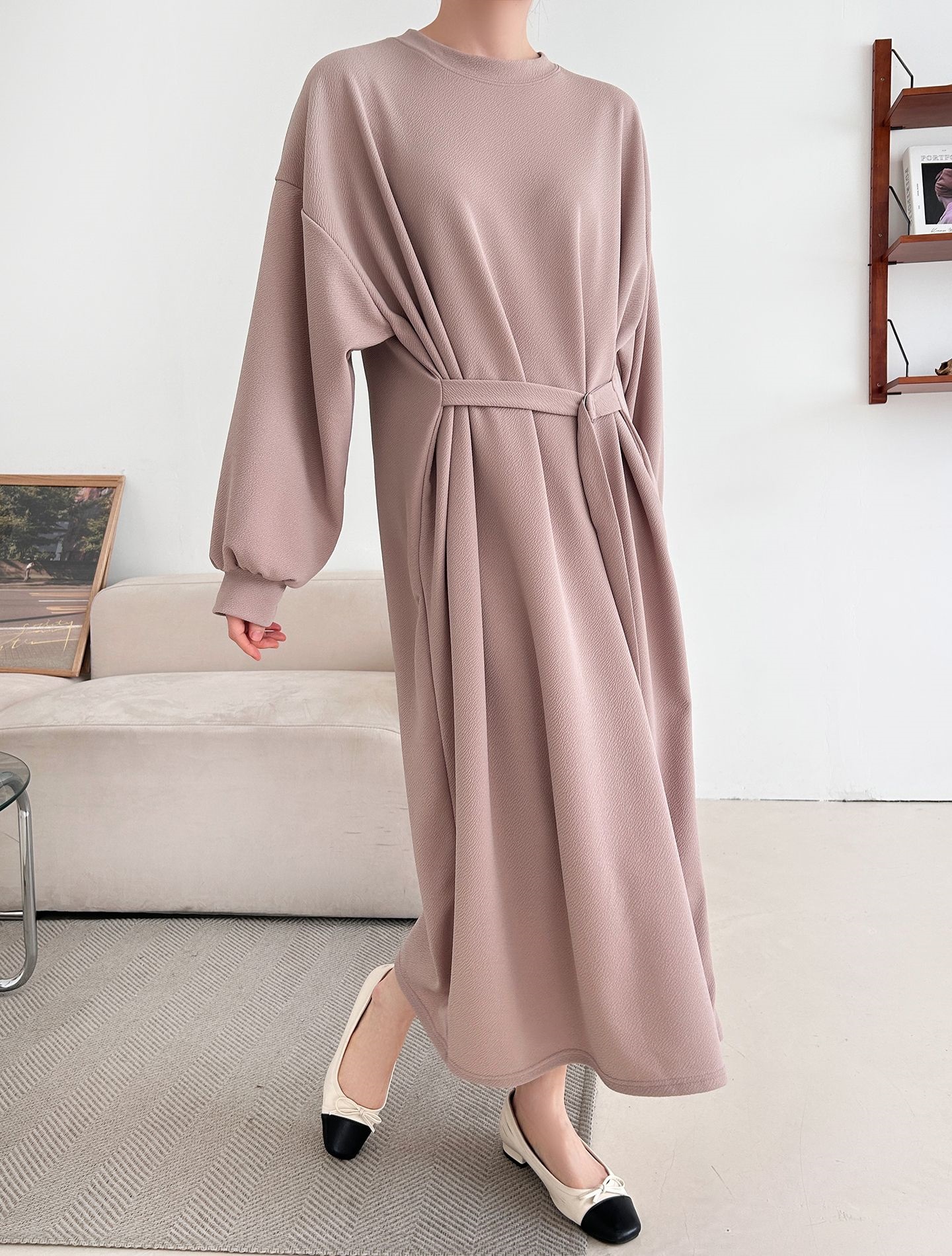 ベルトラウンドネックオーバーサイズロングルーズ長袖無地ワンピース | 詳細画像11