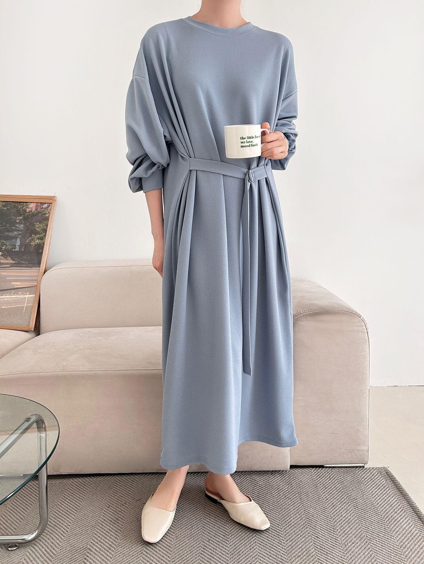 ベルトラウンドネックオーバーサイズロングルーズ長袖無地ワンピース | 詳細画像14