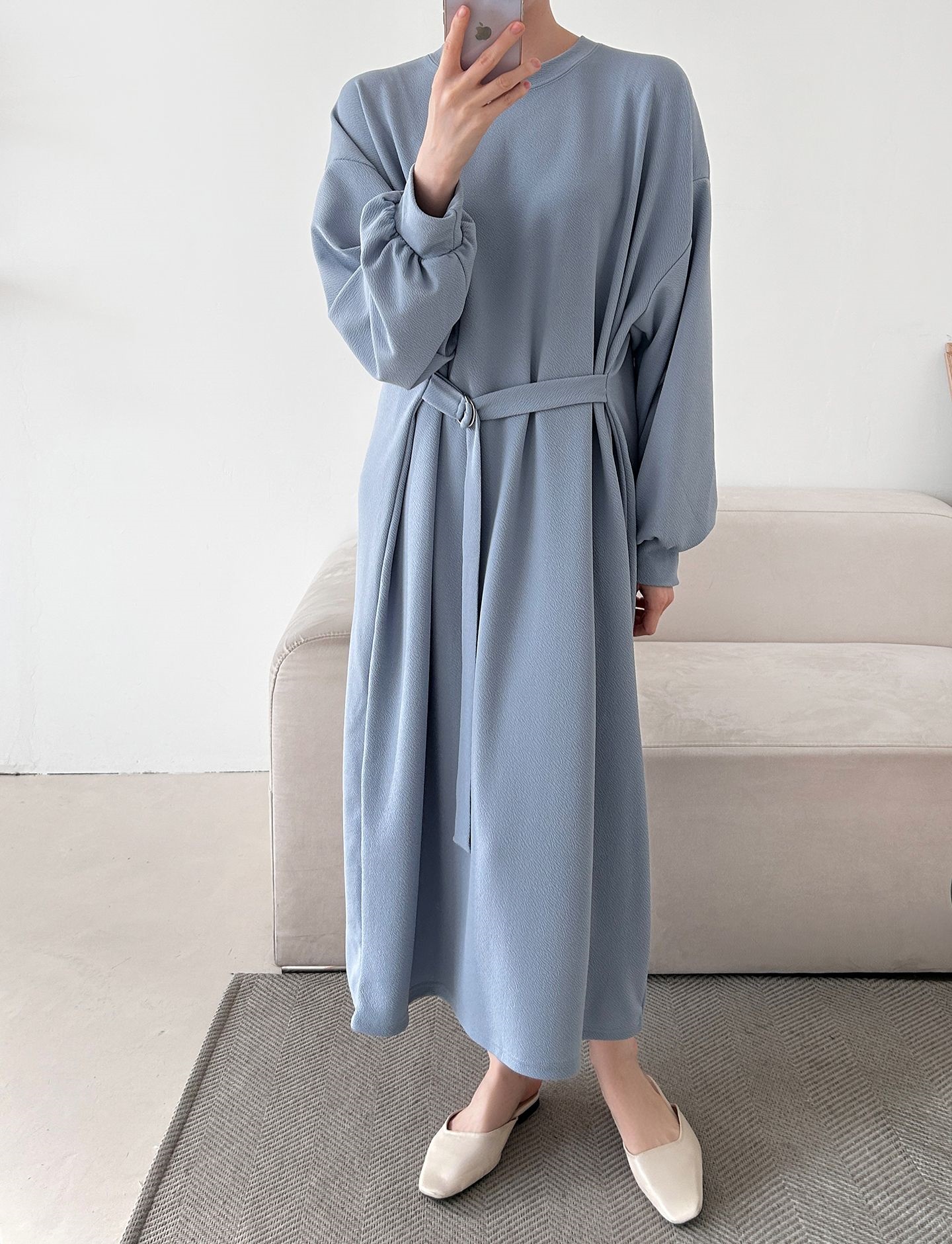 ベルトラウンドネックオーバーサイズロングルーズ長袖無地ワンピース | 詳細画像15