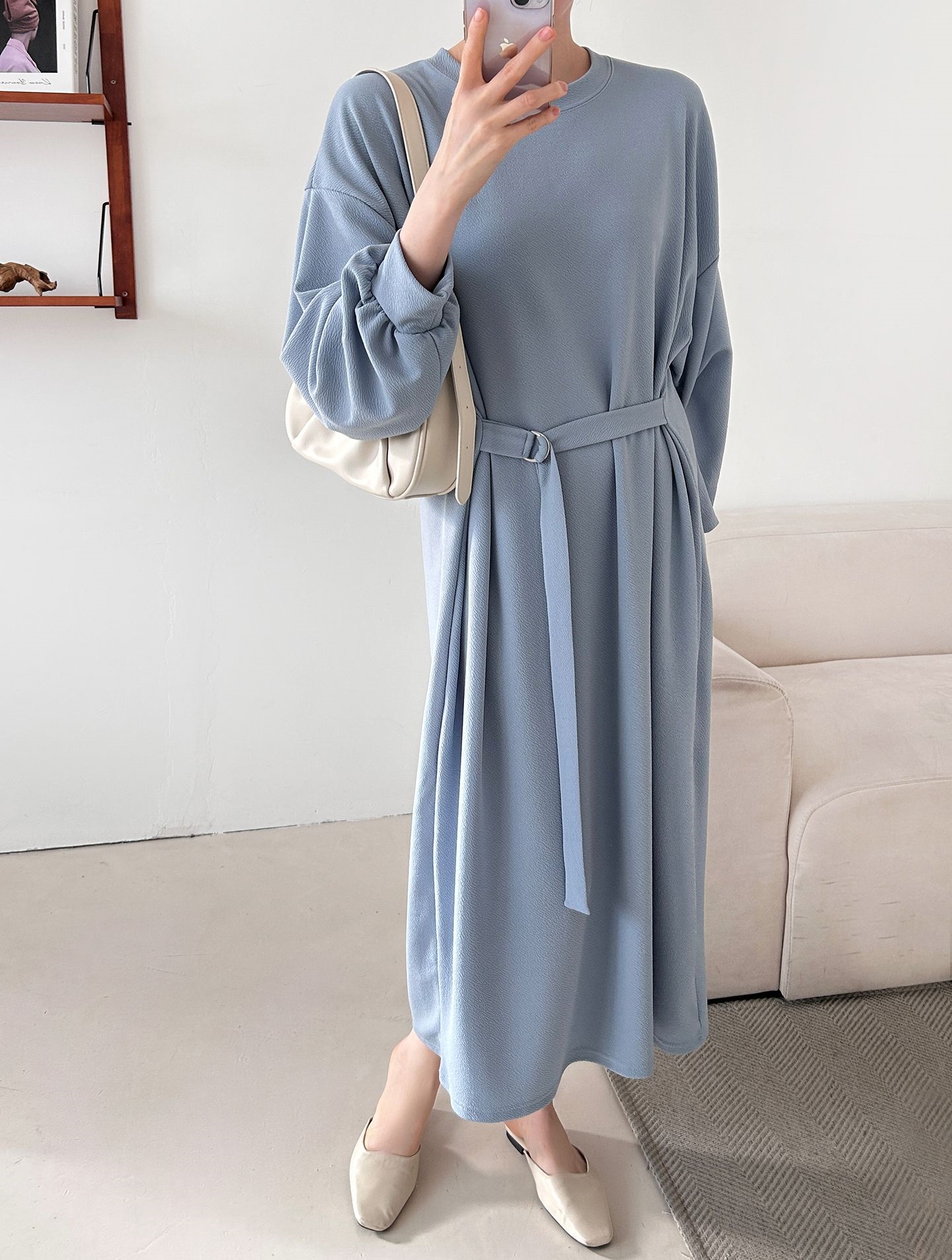 ベルトラウンドネックオーバーサイズロングルーズ長袖無地ワンピース | 詳細画像16