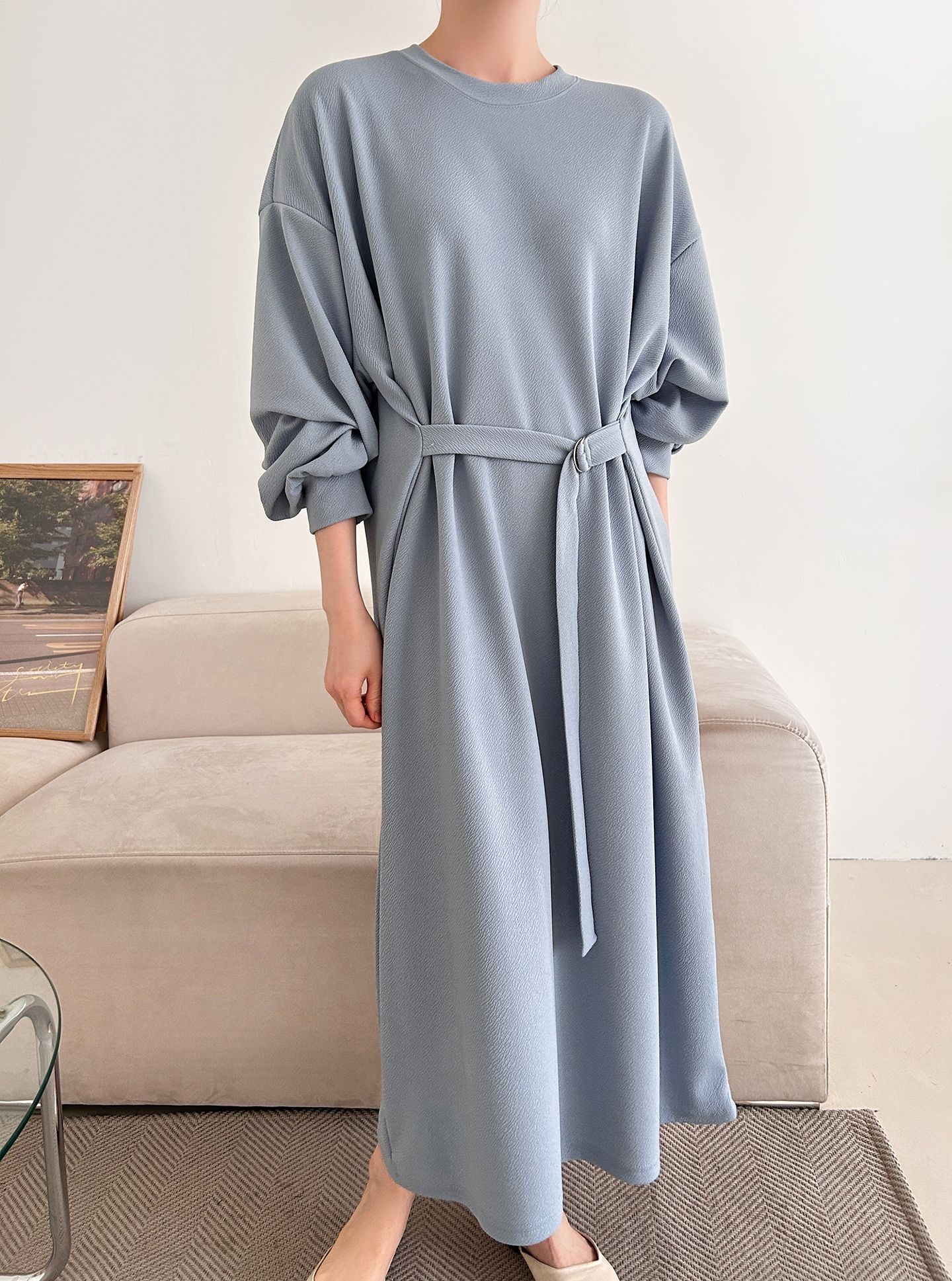 ベルトラウンドネックオーバーサイズロングルーズ長袖無地ワンピース | 詳細画像21